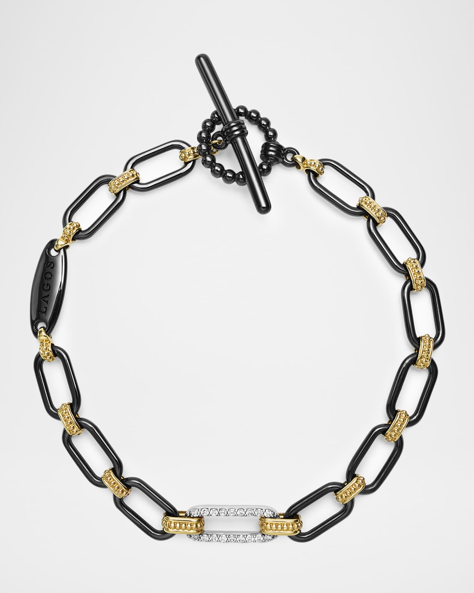 LAGOS 18K Gold Signature Caviar and Black Ceramic Toggle Bracelet with Diamonds Neiman Marcus