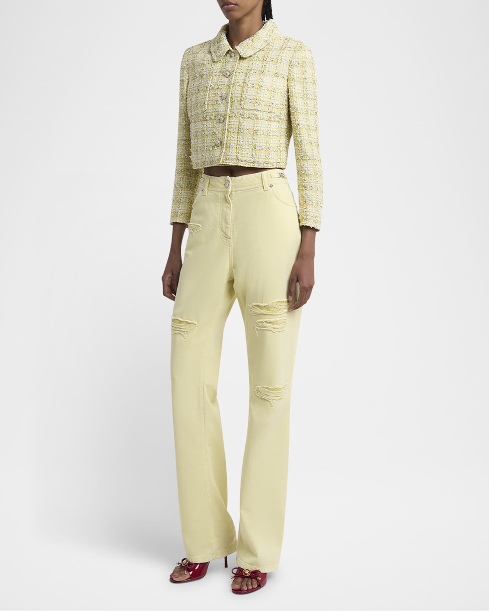 Chainmail Inset Distressed Pastel Denim Straight-Leg Pants 1