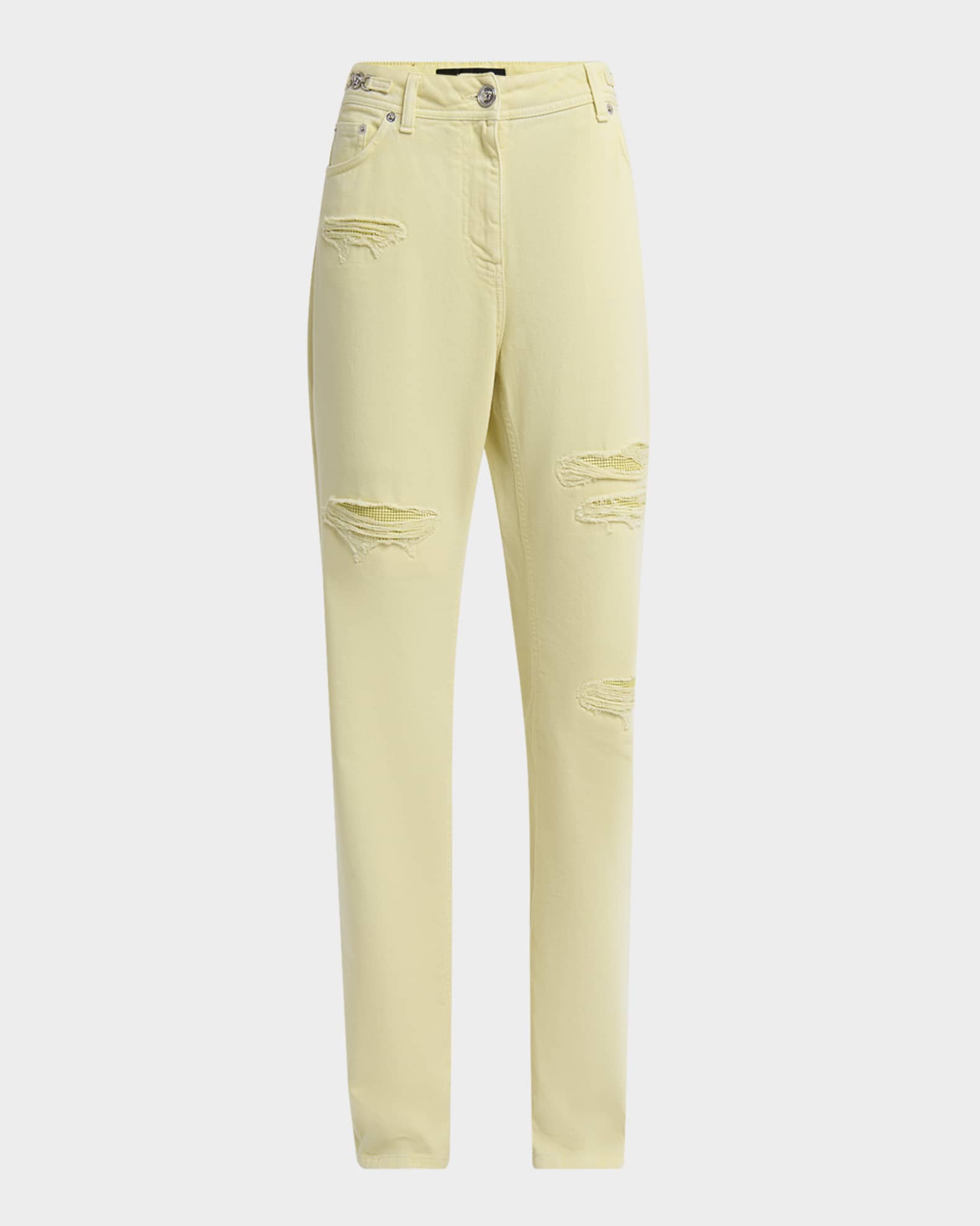 Chainmail Inset Distressed Pastel Denim Straight-Leg Pants 0
