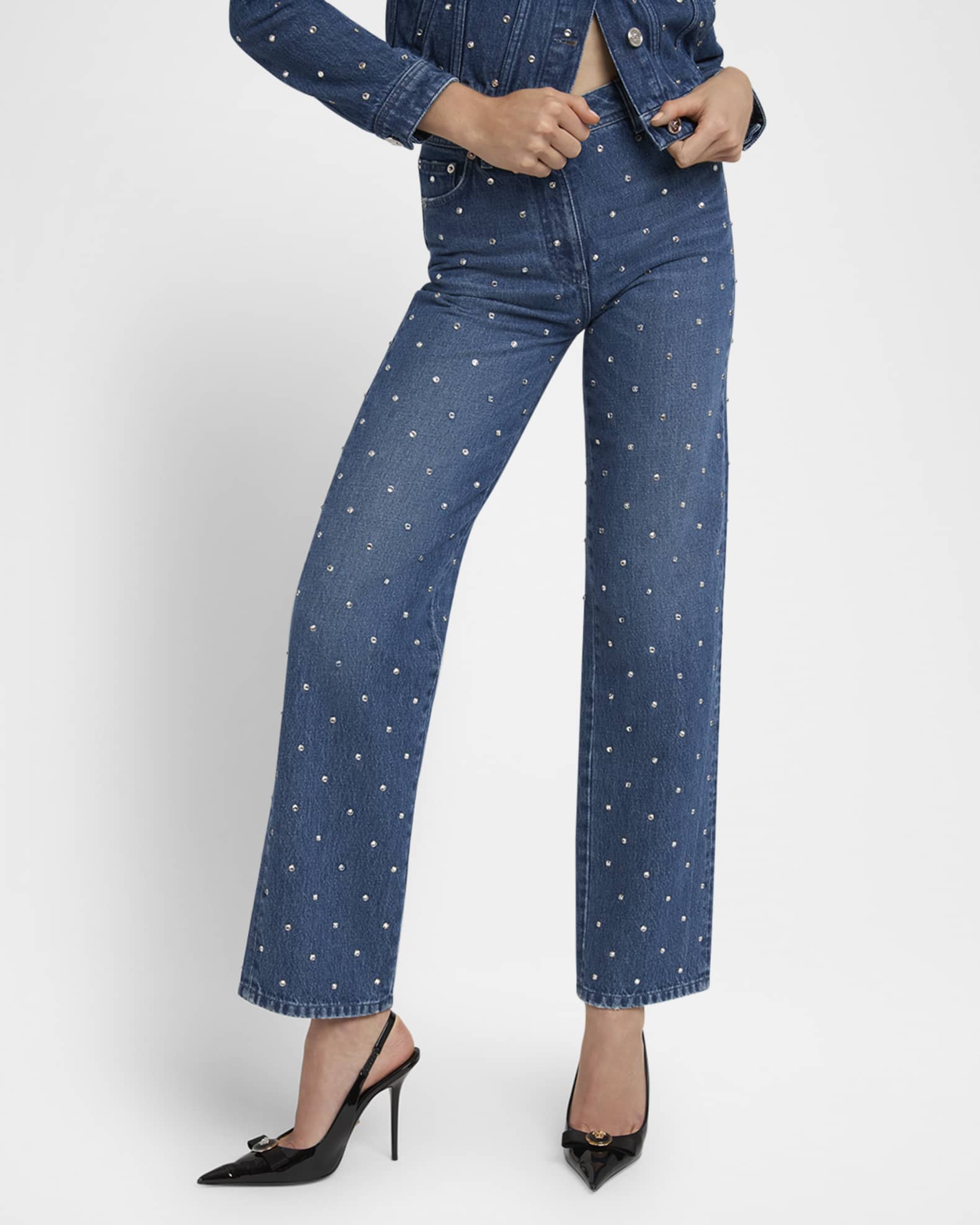 パンツ VERSACE Women Straight Pants 1013689 BLUE Versace Mid-Rise Stone Wash Denim Wide-Leg Pants | Neiman Marcus