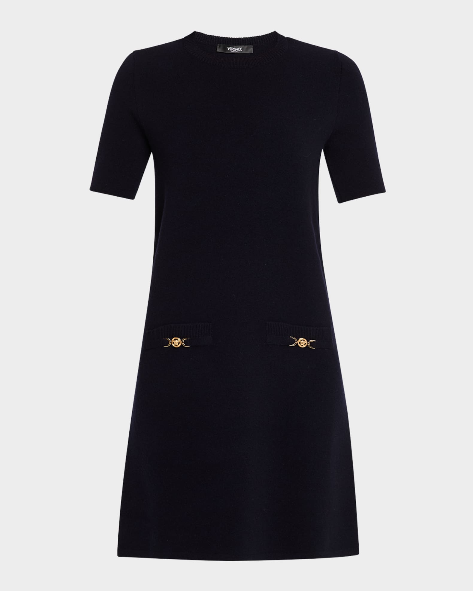 Medusa-Pockets Short-Sleeve Wool-Cashmere Mini Dress 0
