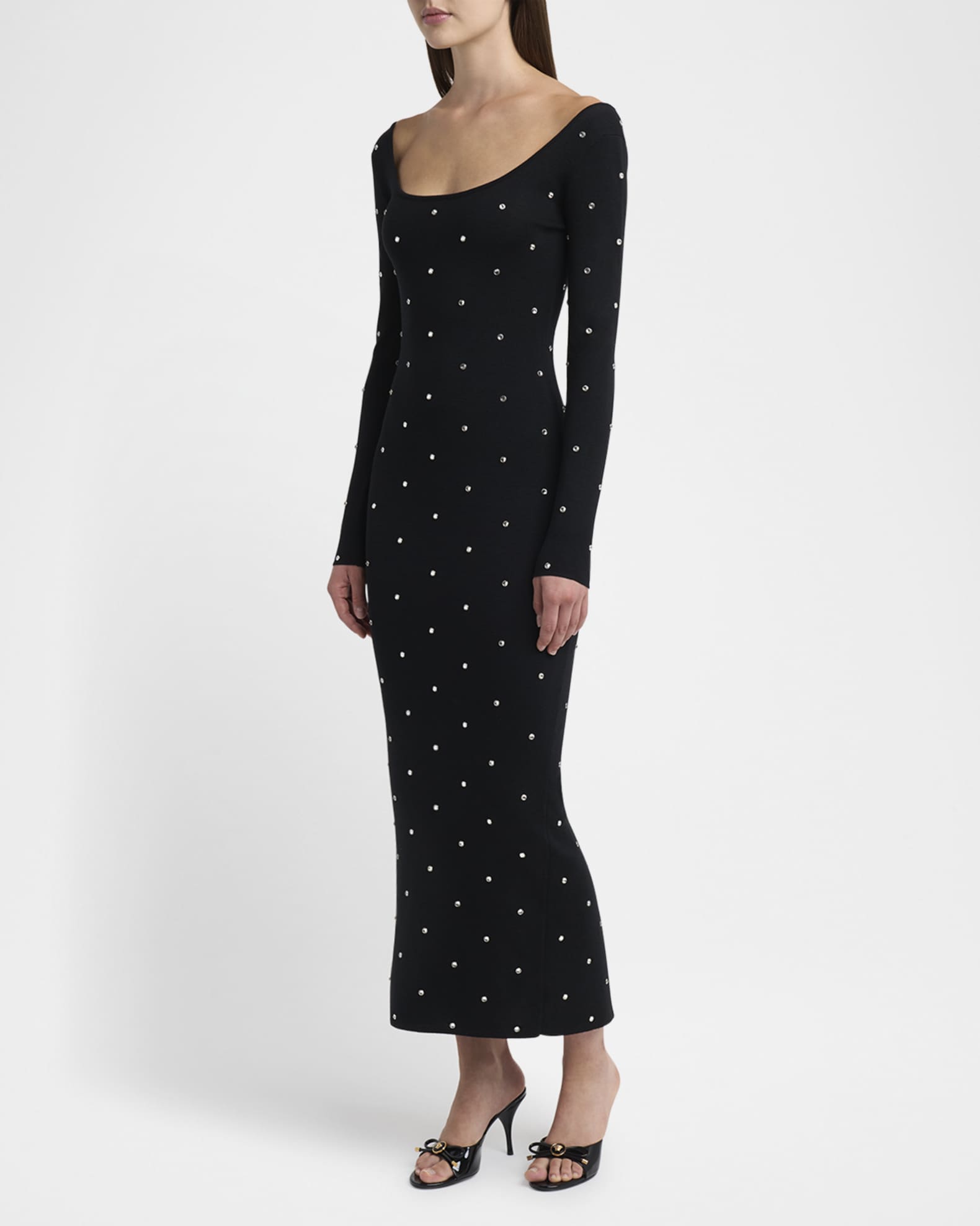 Crystal Studs Long Sleeve Knit Midi Dress