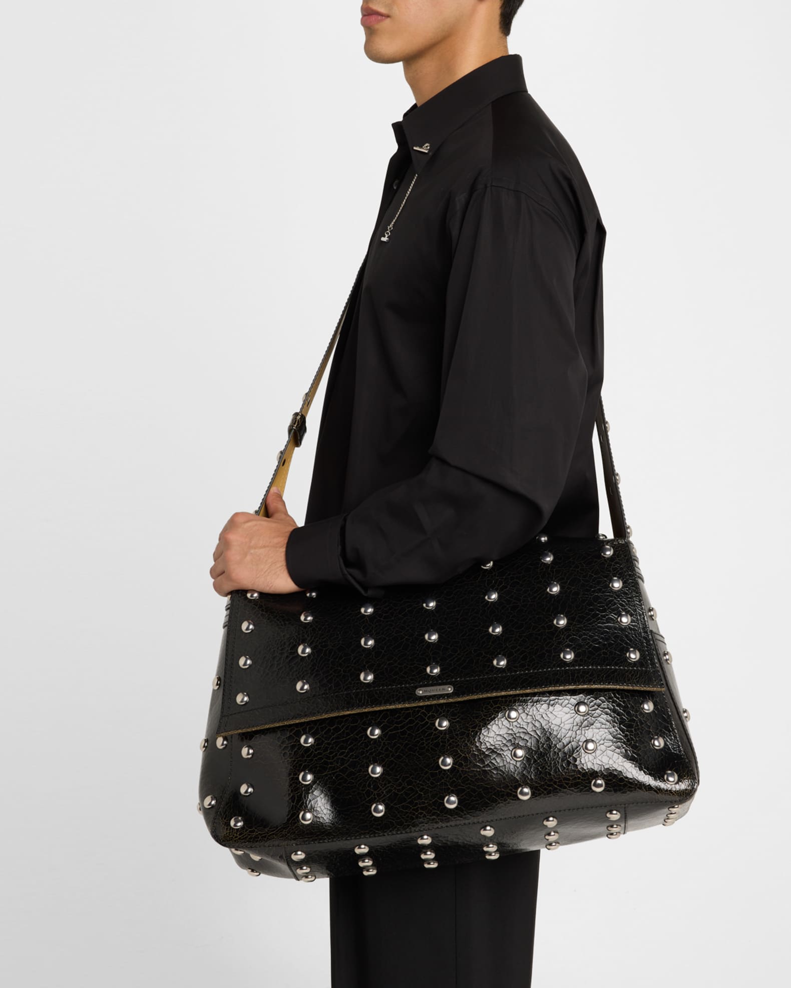 Men's Studded Leather Slouchy Shoulder Bag