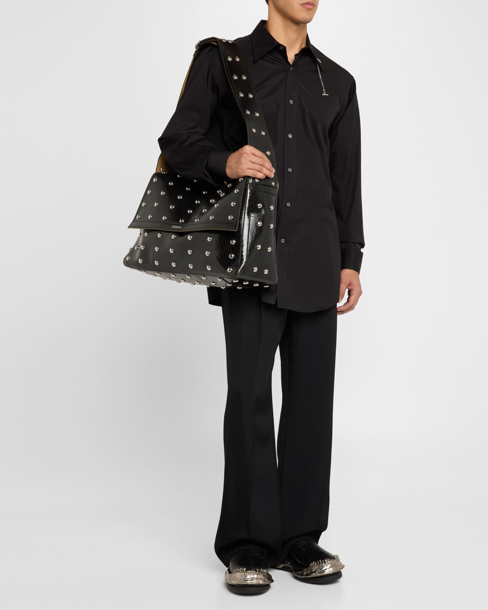 Men's Studded Leather Slouchy Shoulder Bag