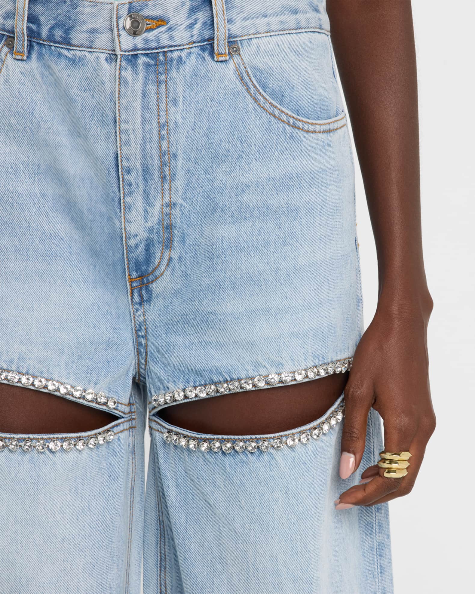 AREA Crystal Slit Wide-Leg Jeans | Neiman Marcus