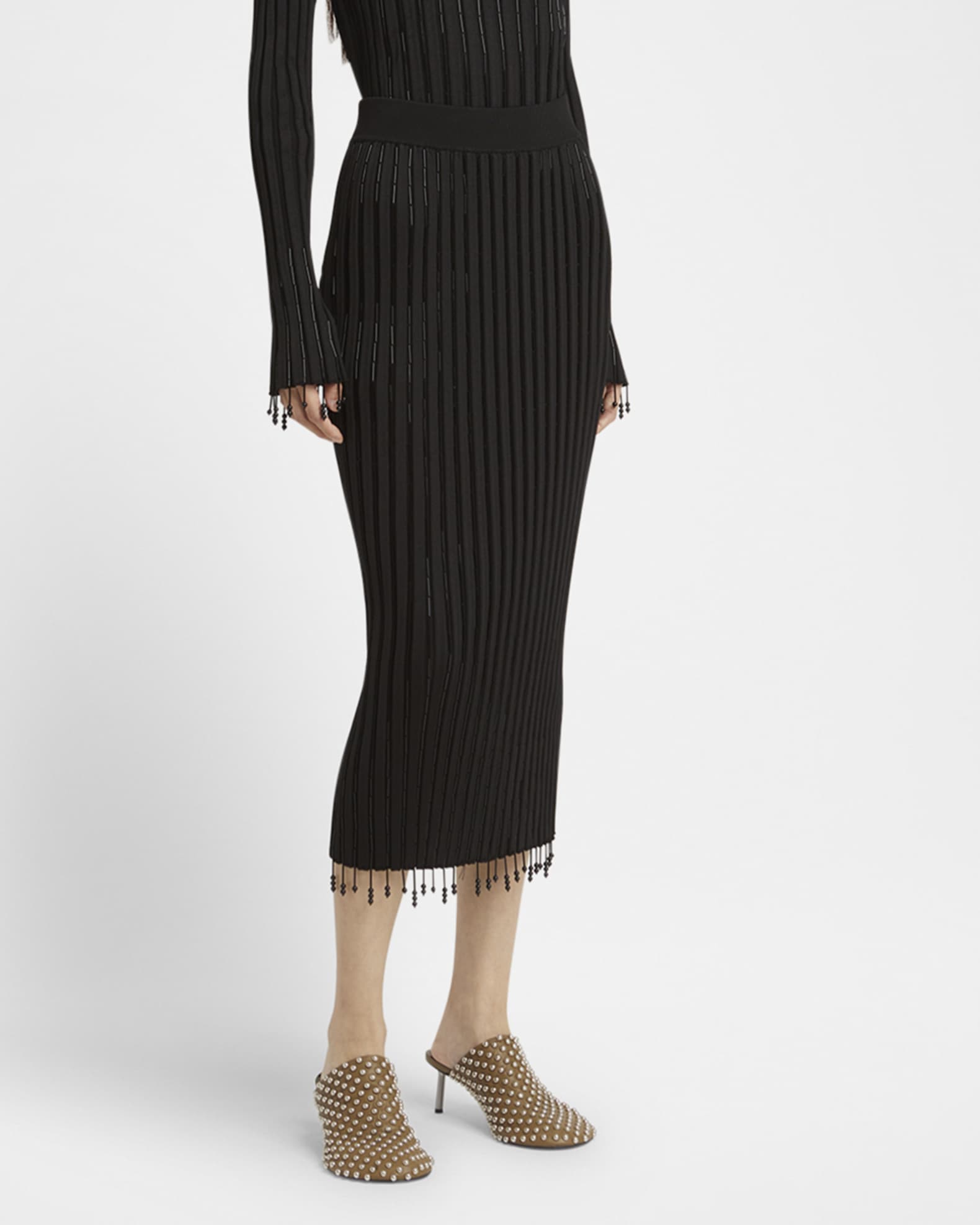 Jil Sander Beaded Fringe Rib Midi Skirt | Neiman Marcus