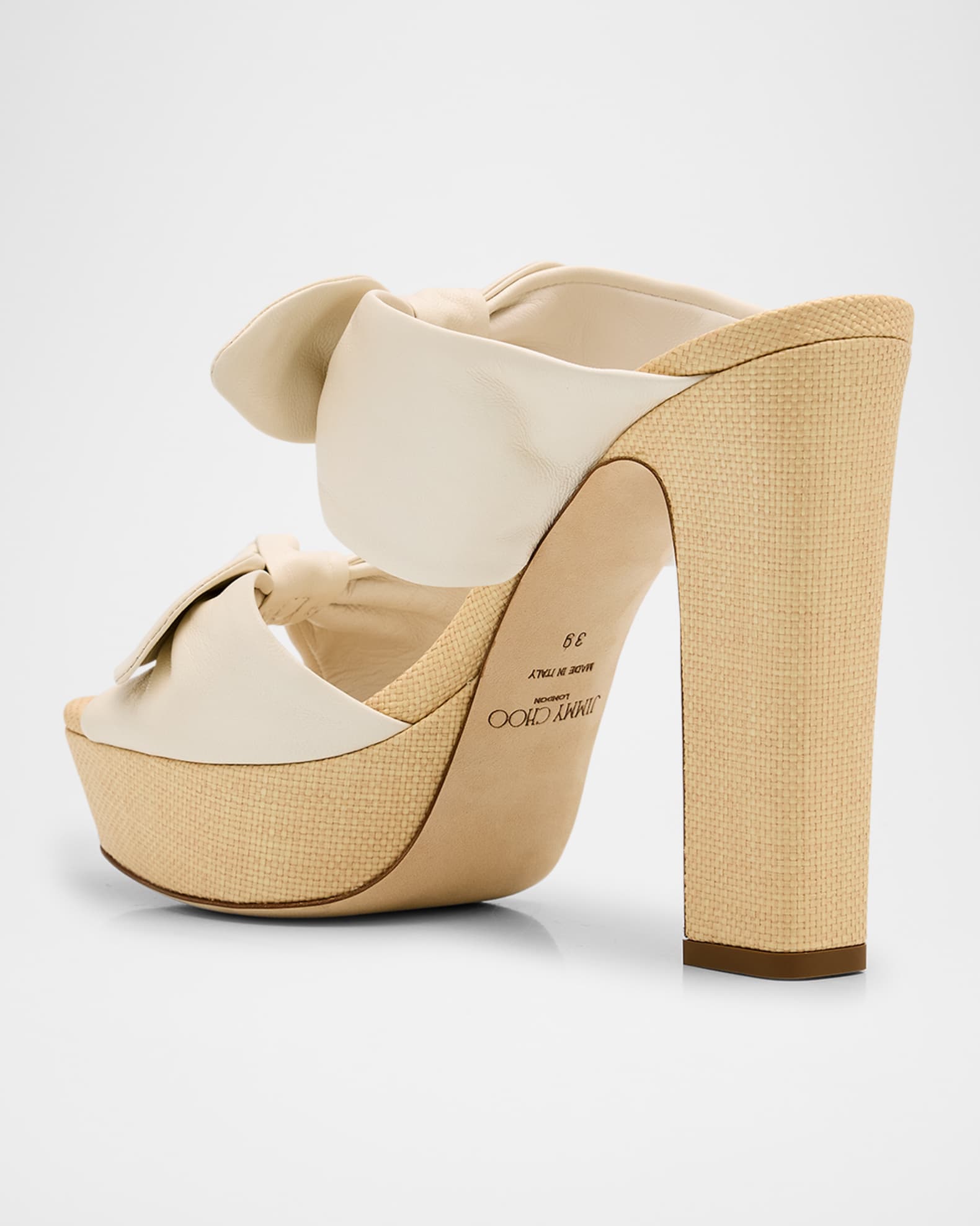 【Jimmy Choo】 Rua 120レザーアンドラフィアプラットフォームサ Rua 120 leather and raffia platform sandals in pink - Jimmy