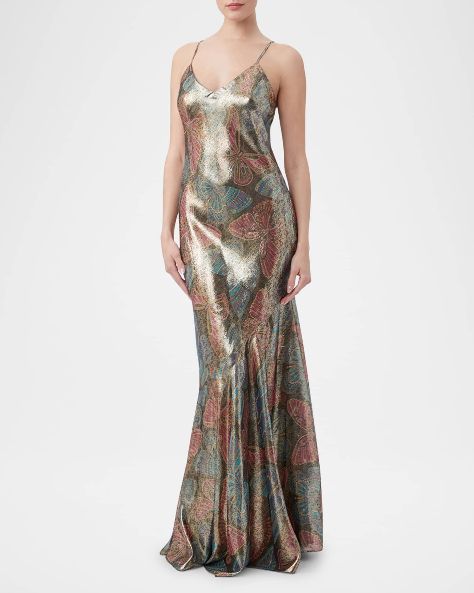 Trina Turk Arana Metallic Butterfly Print Silk Gown Neiman Marcus