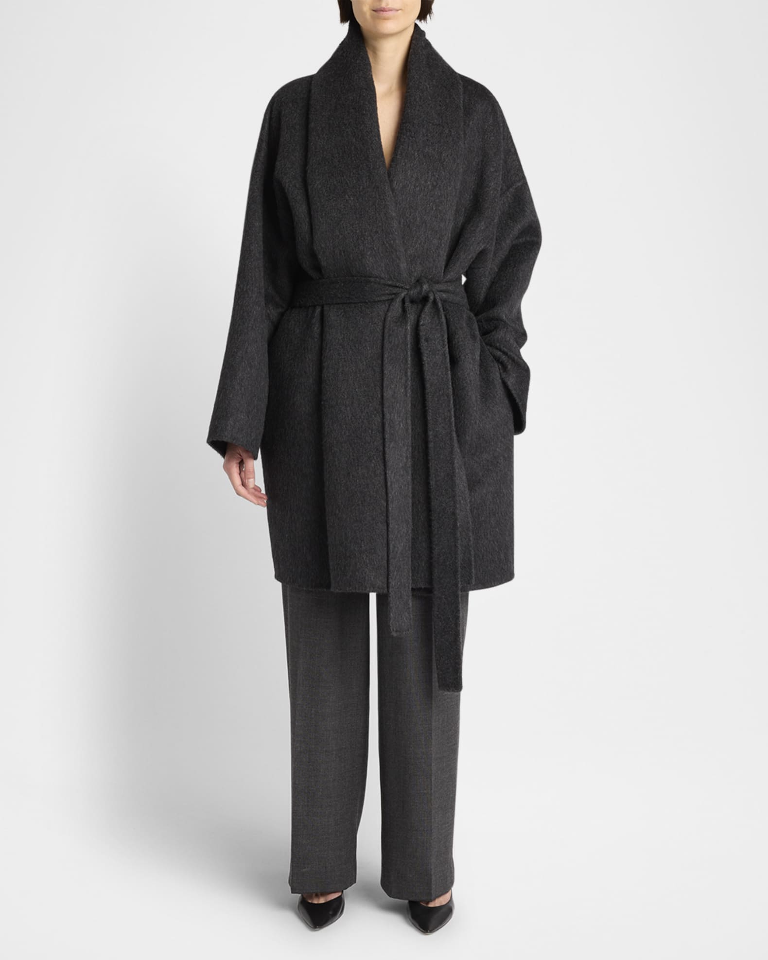 The Row Timor Brushed Cashmere Silk Belted Wrap Coat Park Grey