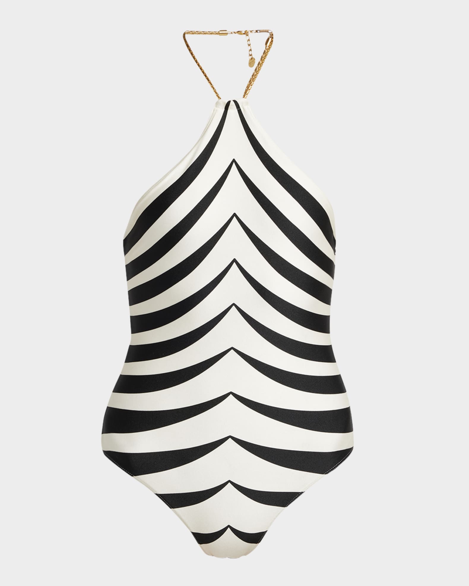 Optical Scaloppe-Print Halterneck One-Piece Swimsuit With Chain 0