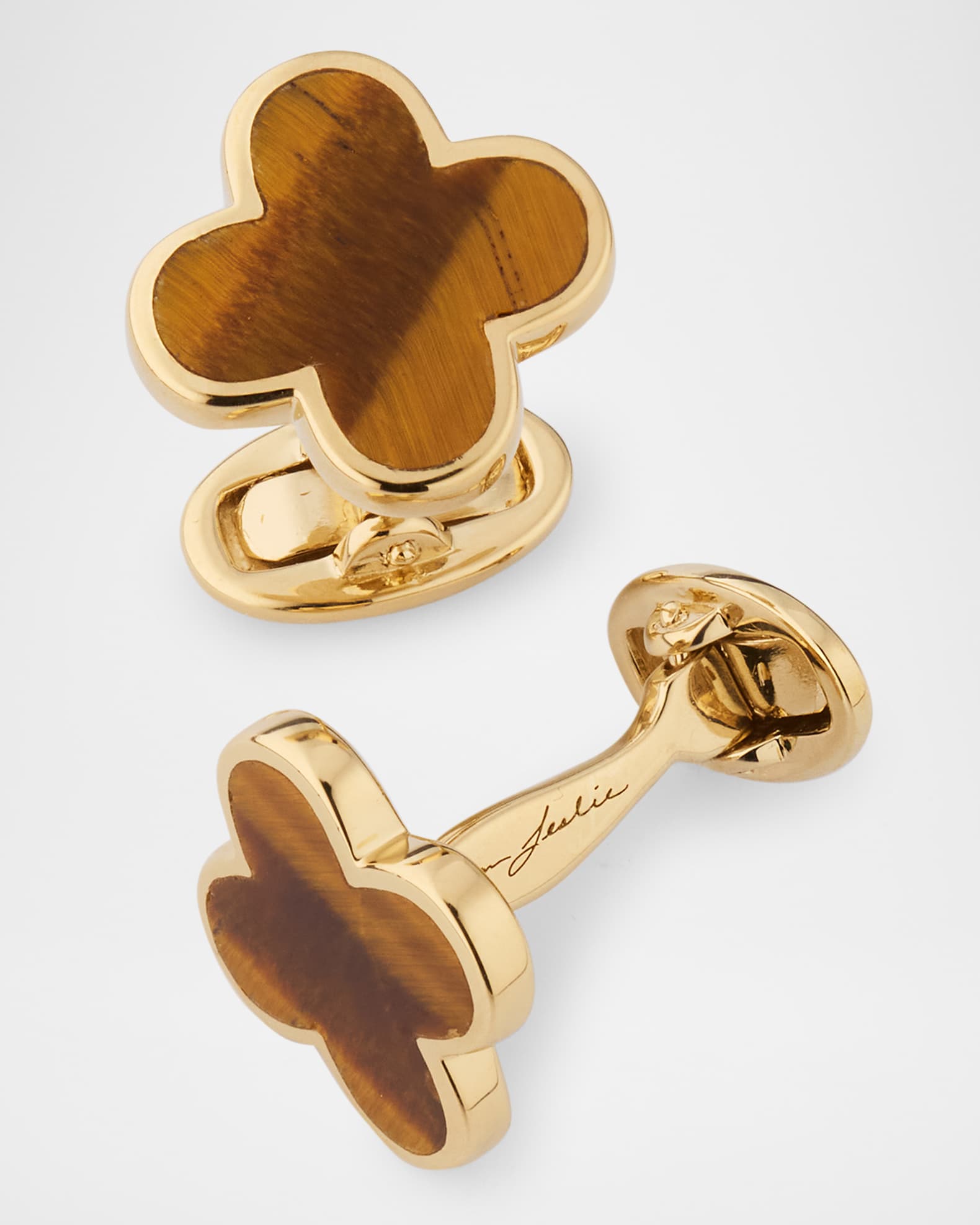 Men's 18K Gold Vermeil Four Leaf Clover Tiger's Eye Cufflinks 0
