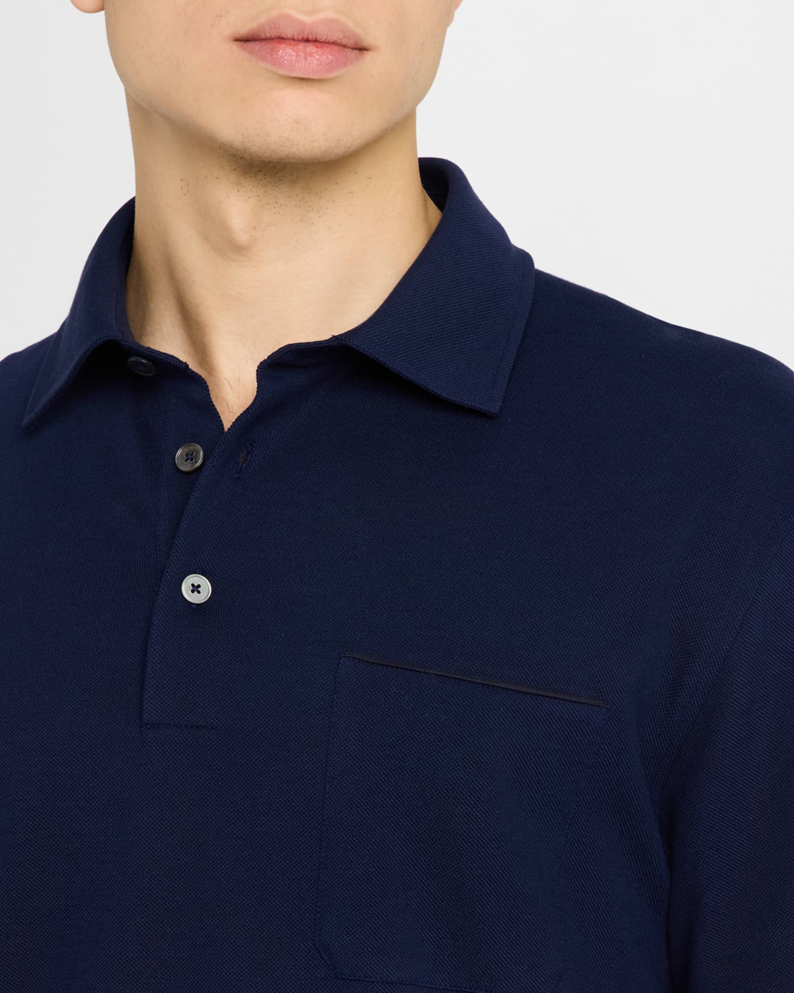 ZEGNA Men's Pique Polo Shirt with Leather-Trim Pocket