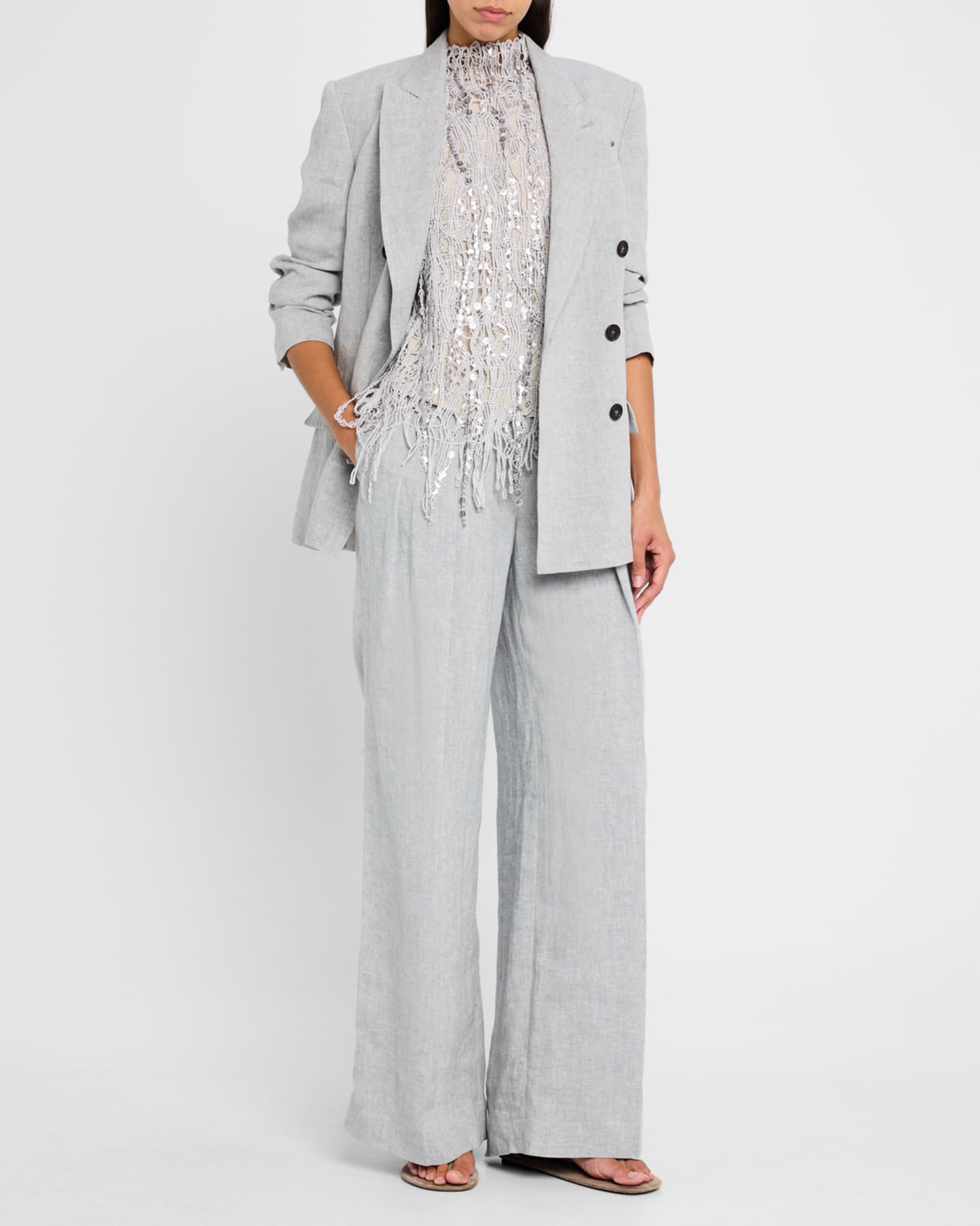 Sparkling Linen Canvas Pleated Wide-Leg Trousers 1