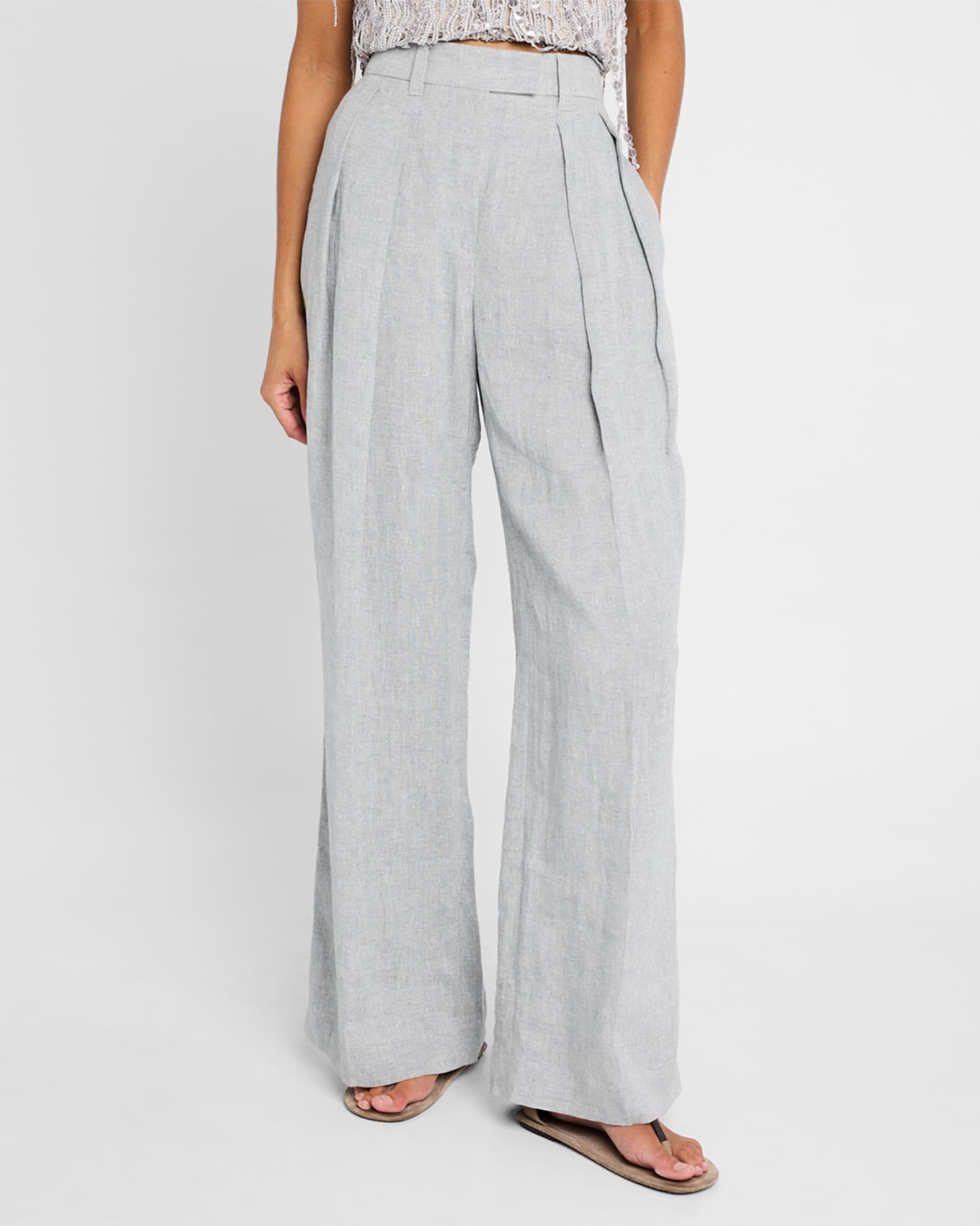 パンツ BRUNELLO CUCINELLI FW25 Trousers (MB141P9022 C5785) Brunello Cucinelli Sparkling Linen Canvas Pleated Wide-Leg