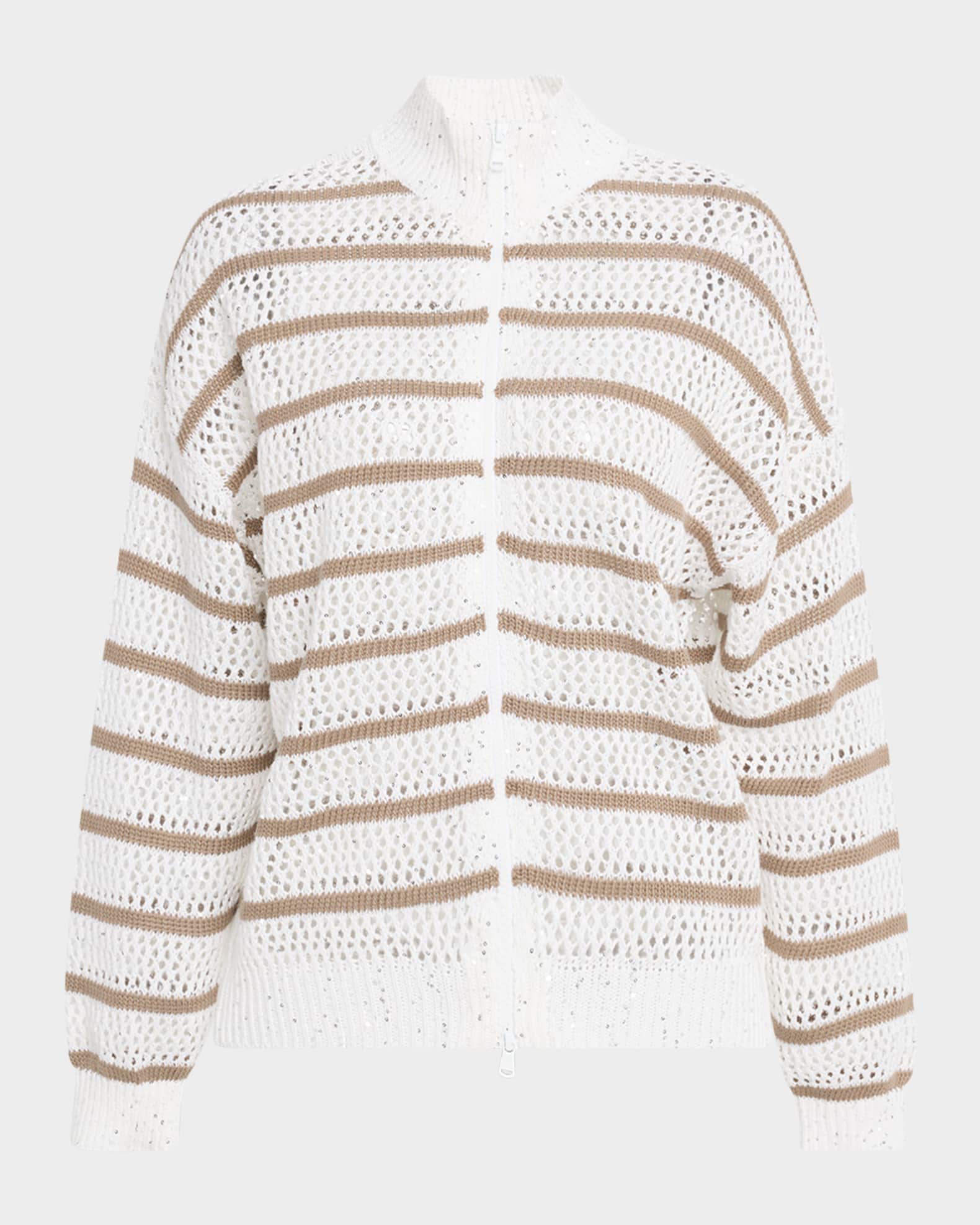 Linen French Riveria Paillette Knit Zip-Up Cardigan 0
