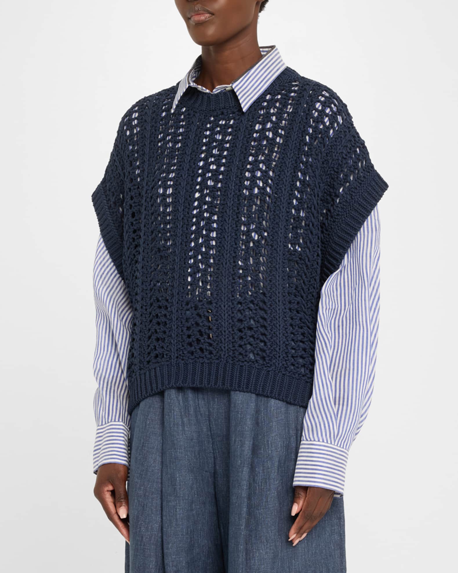 Brunello Cucinelli Short-Sleeve Cotton Springtime Net Knit