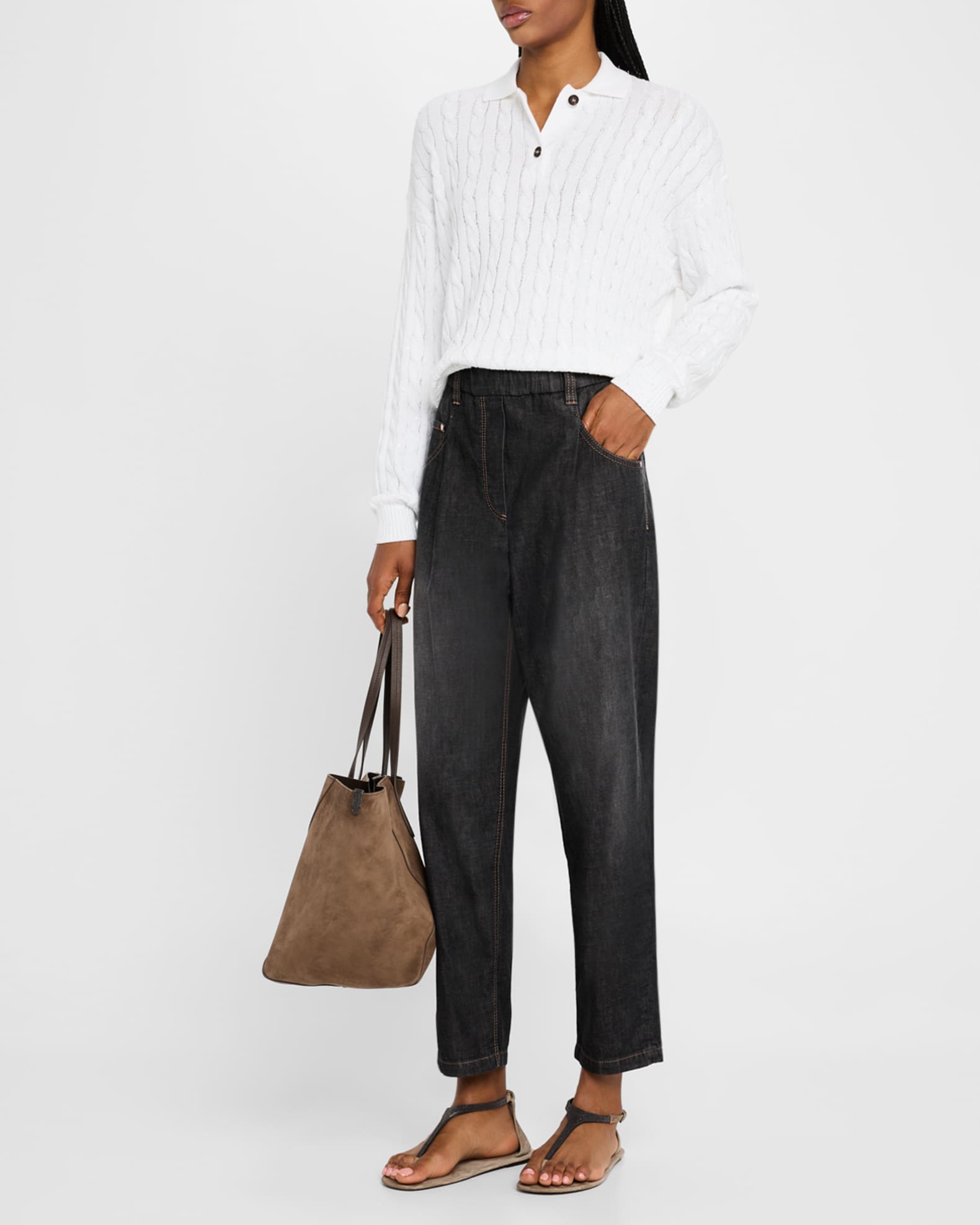 Brunello Cucinelli Micro Sequined Double Cable-Knit Polo
