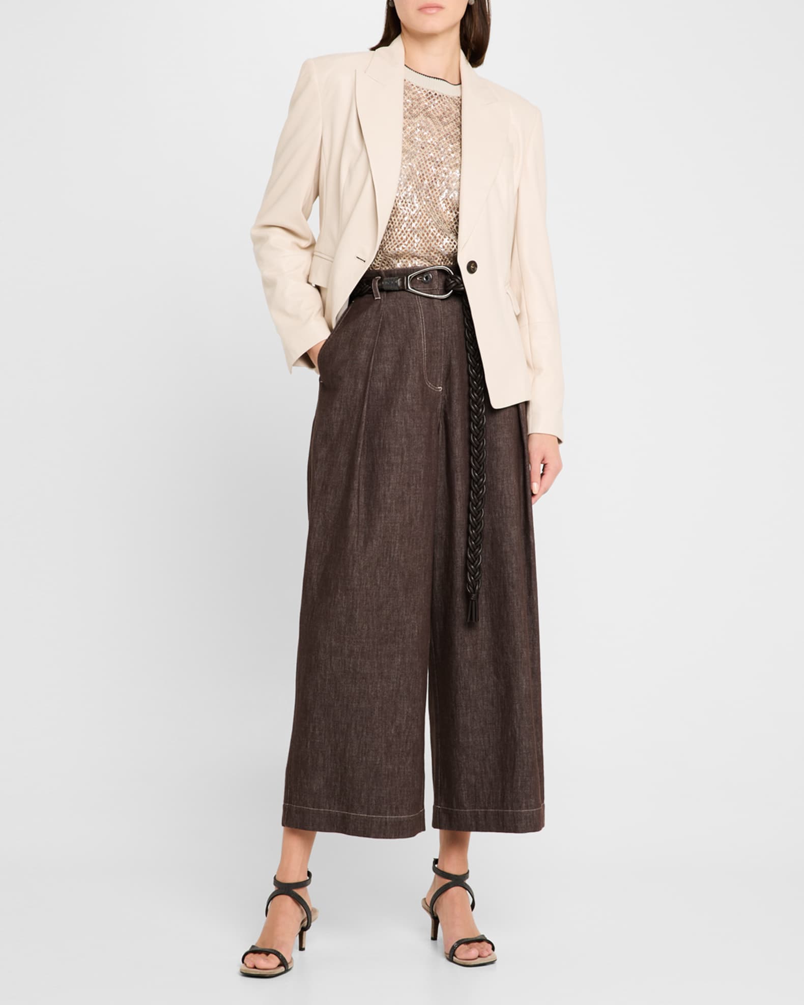 A-Line Pleated Wide Leg Cropped Denim Pants 1