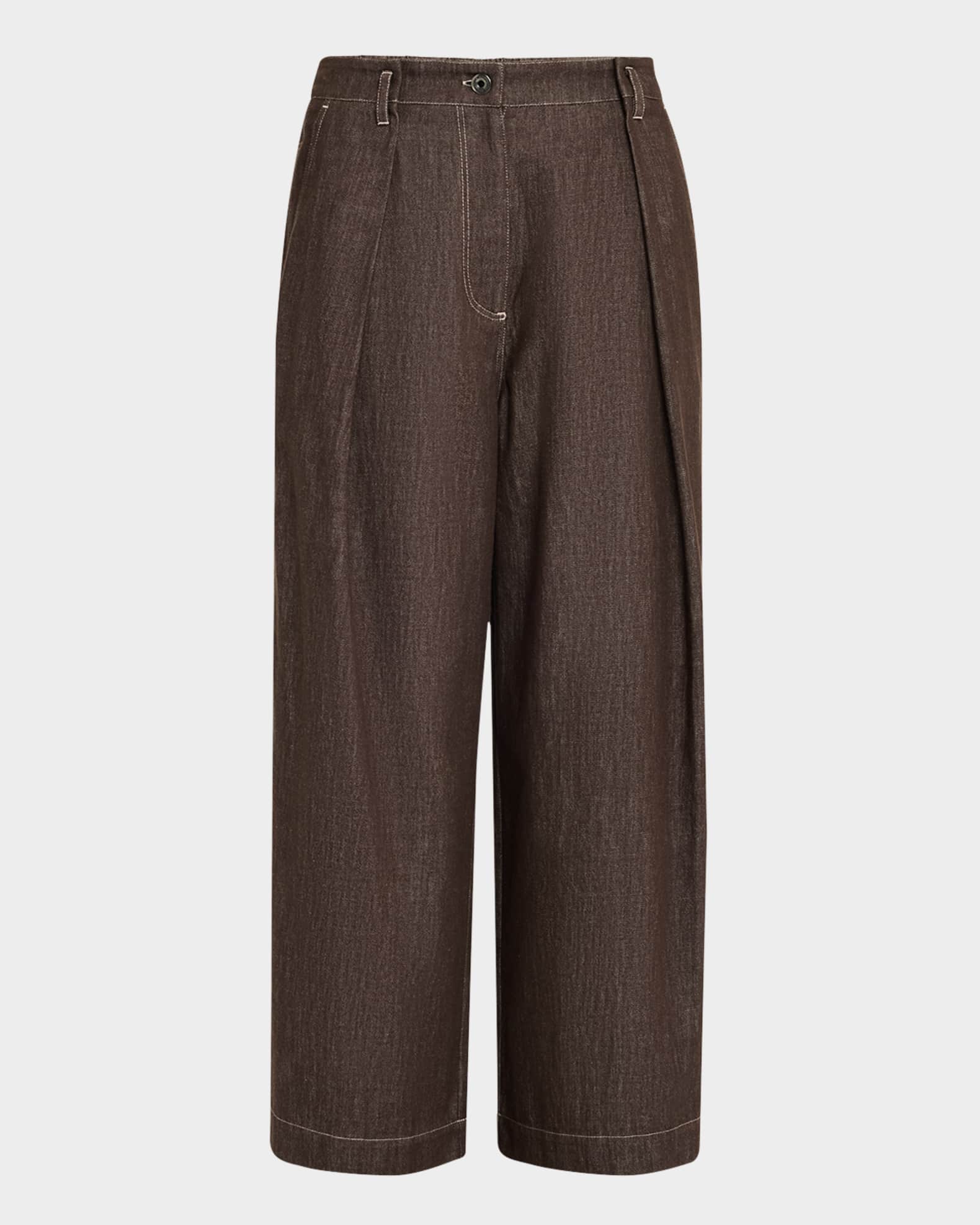 A-Line Pleated Wide Leg Cropped Denim Pants 0