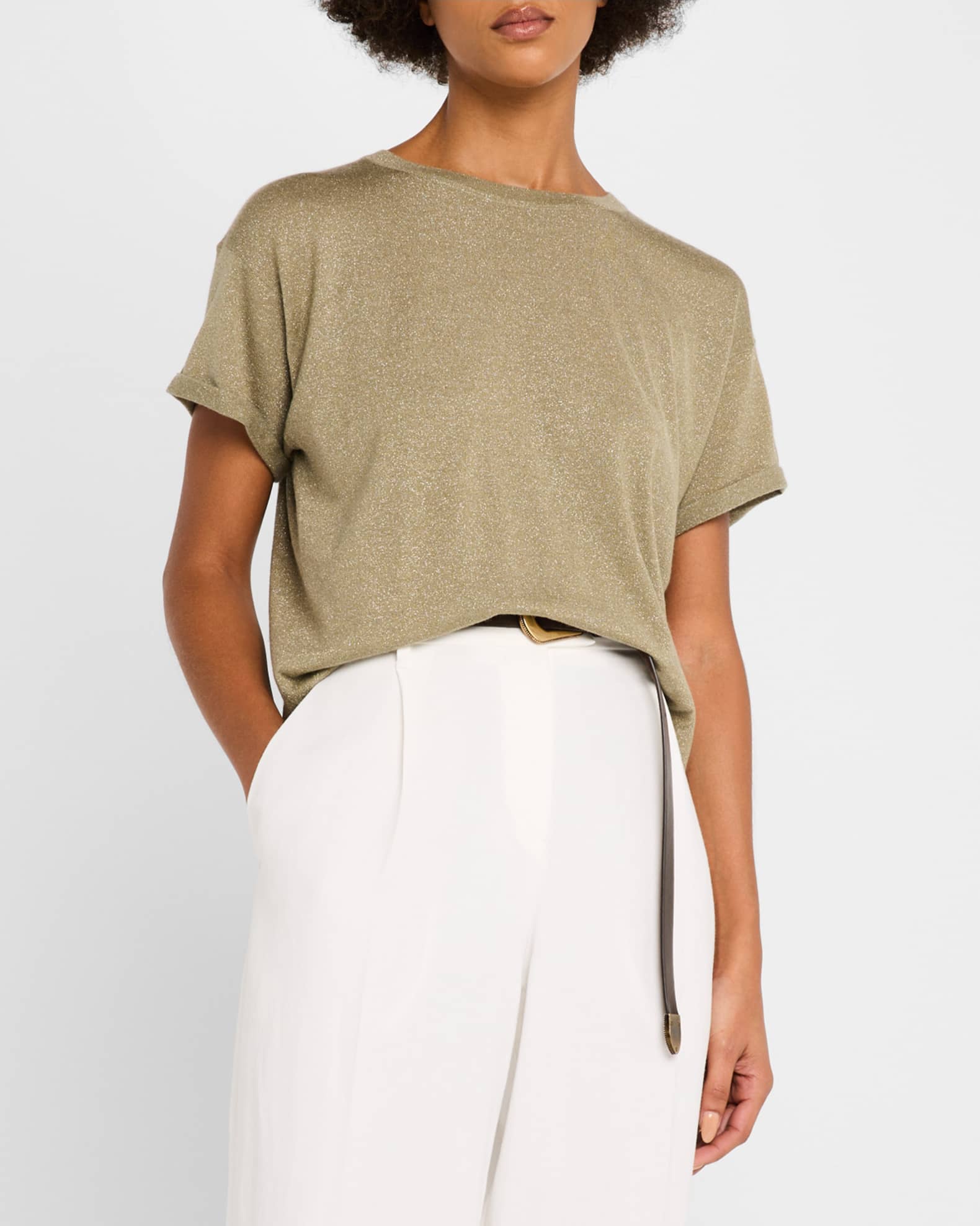 Brunello Cucinelli Metallic Short-Sleeve Cashmere Silk T