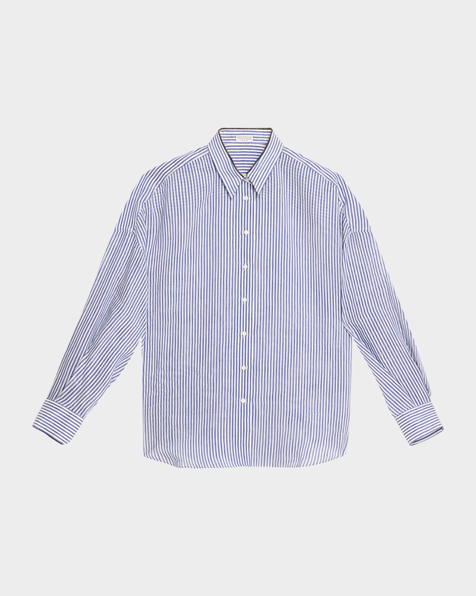 Stripe Button Down Linen Shirt with Piping Collar 0