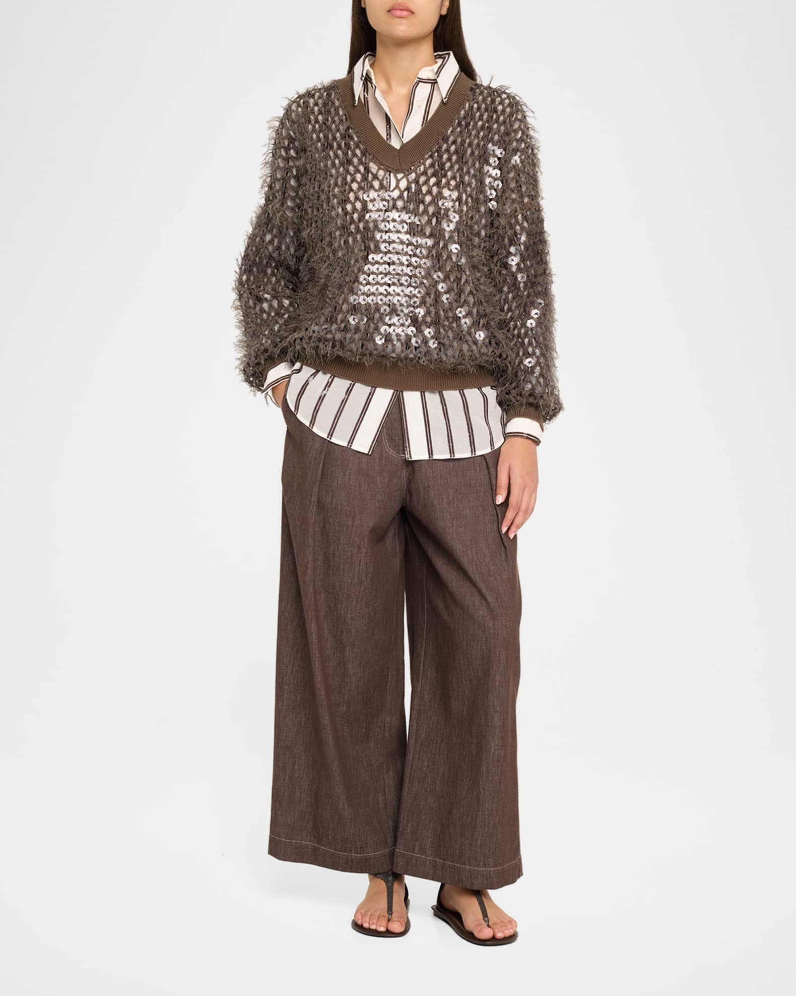 Sequined Stripe Button Down Gauze Blouse 1
