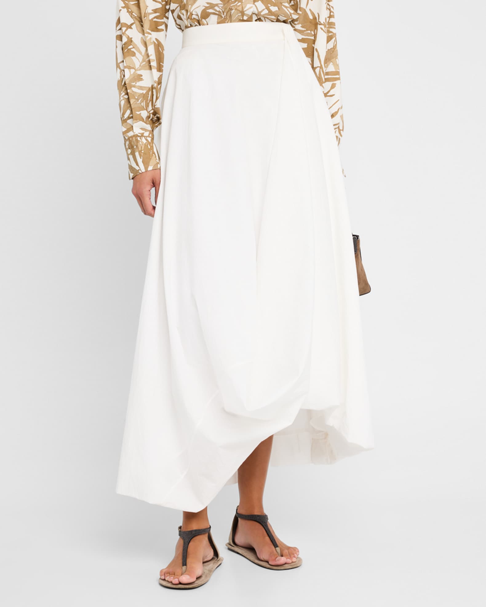 Brunello Cucinelli Long Bubble Hem Cotton Poplin Skirt