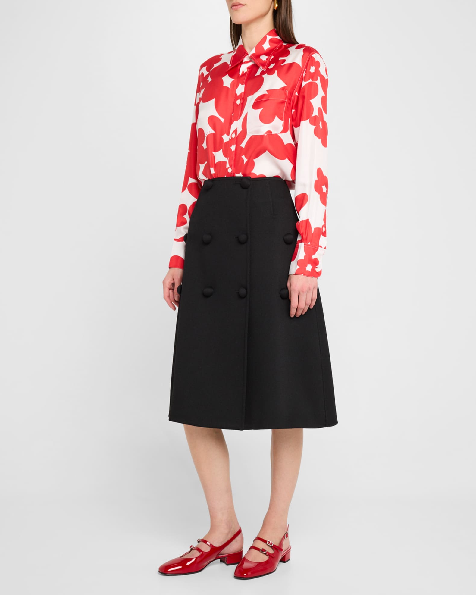 Flower Print Classic Button Down Silk Top 1