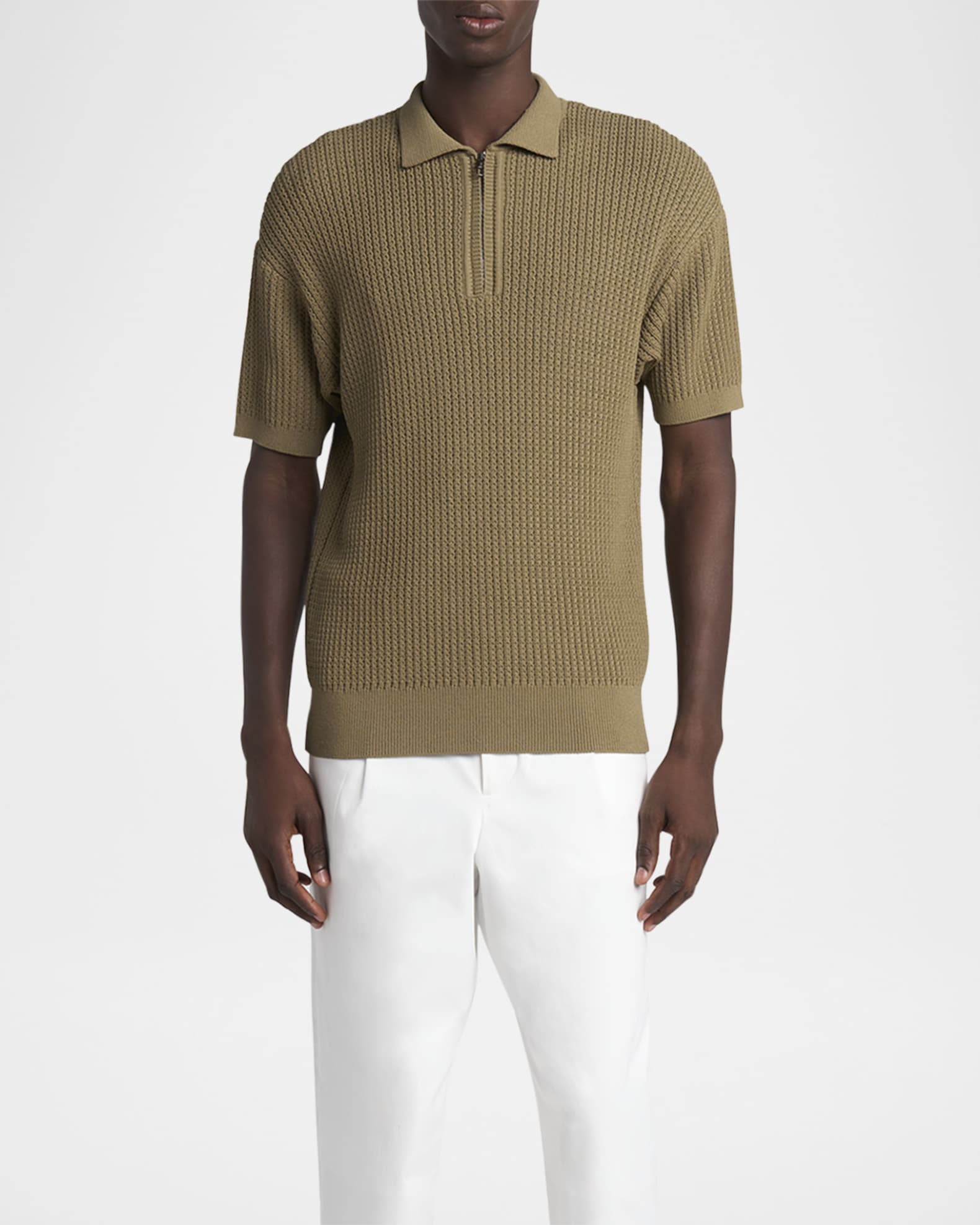 Giorgio Armani Men's Textured Knit Short-Sleeve Quarter-Zip Polo Sweater, Medium Beige, Men's, 50R EU (40r US)
