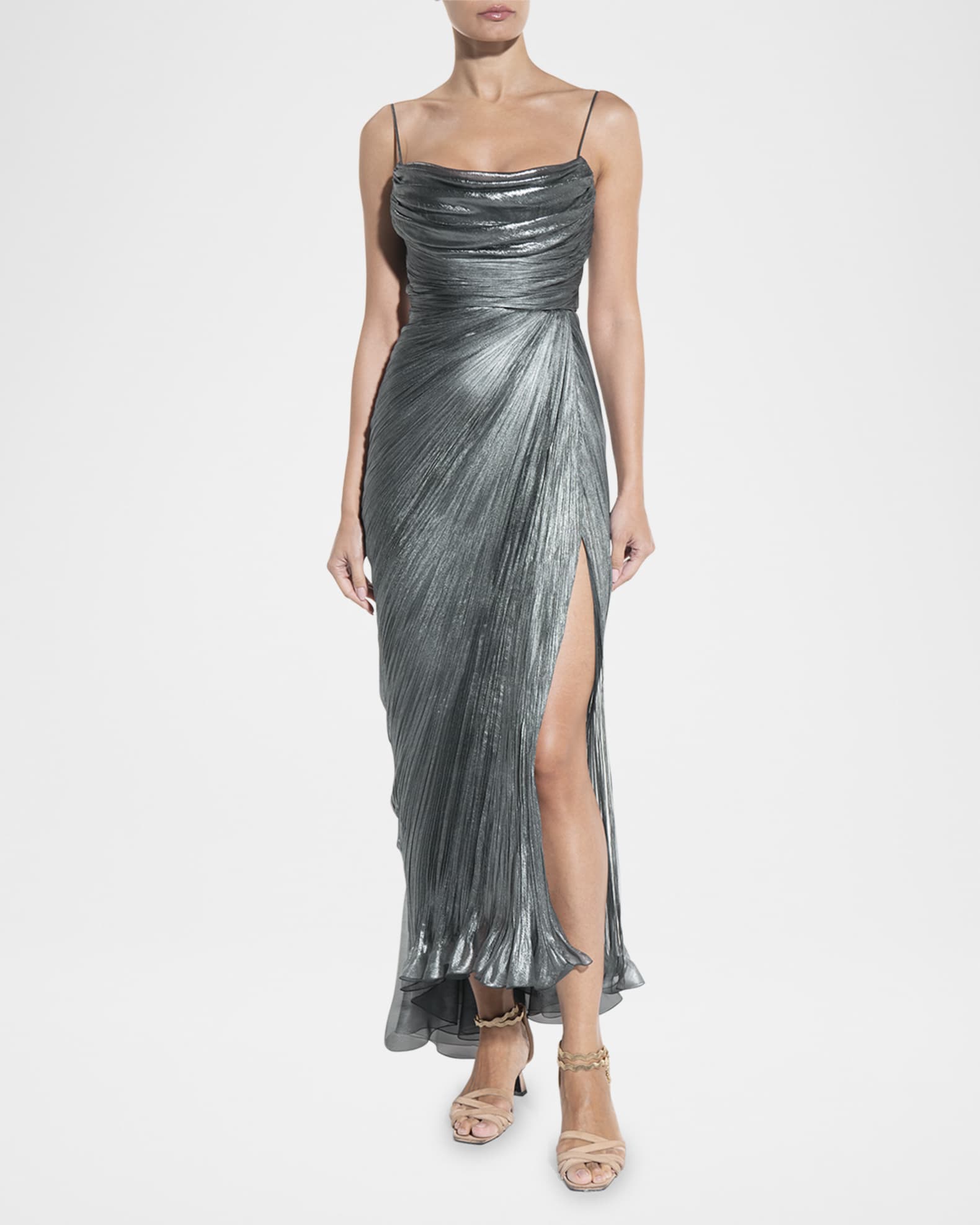 Regina Cowl-Neck Metallic Plisse Ankle Gown 1