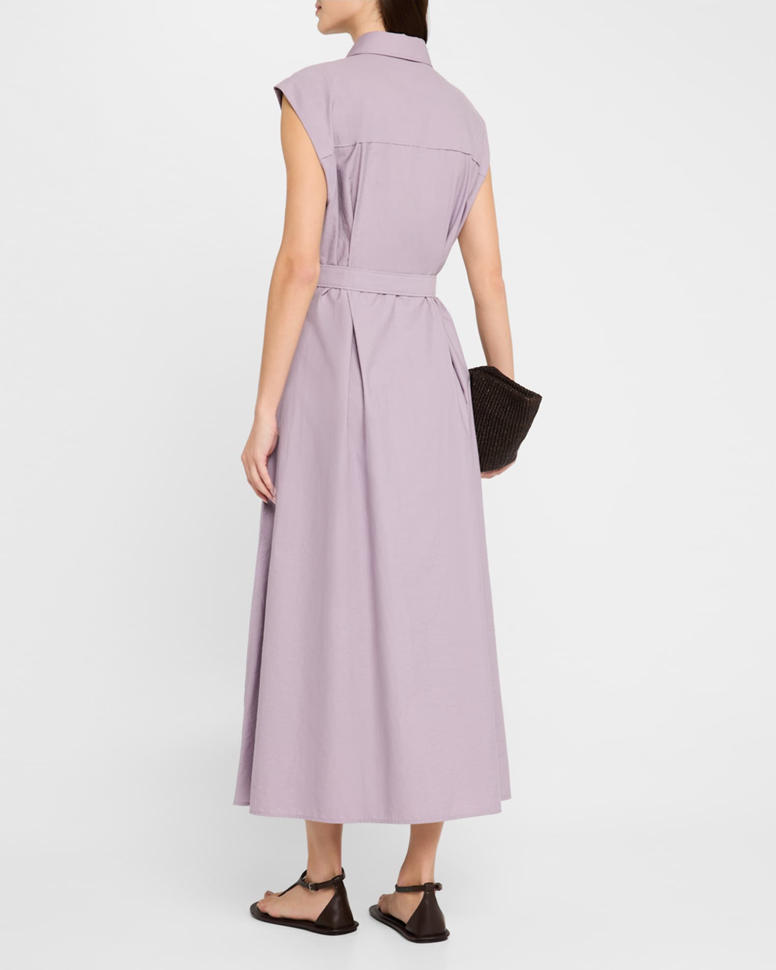 Brunello Cucinelli Cap-Sleeve Belted Crispy Cotton Midi