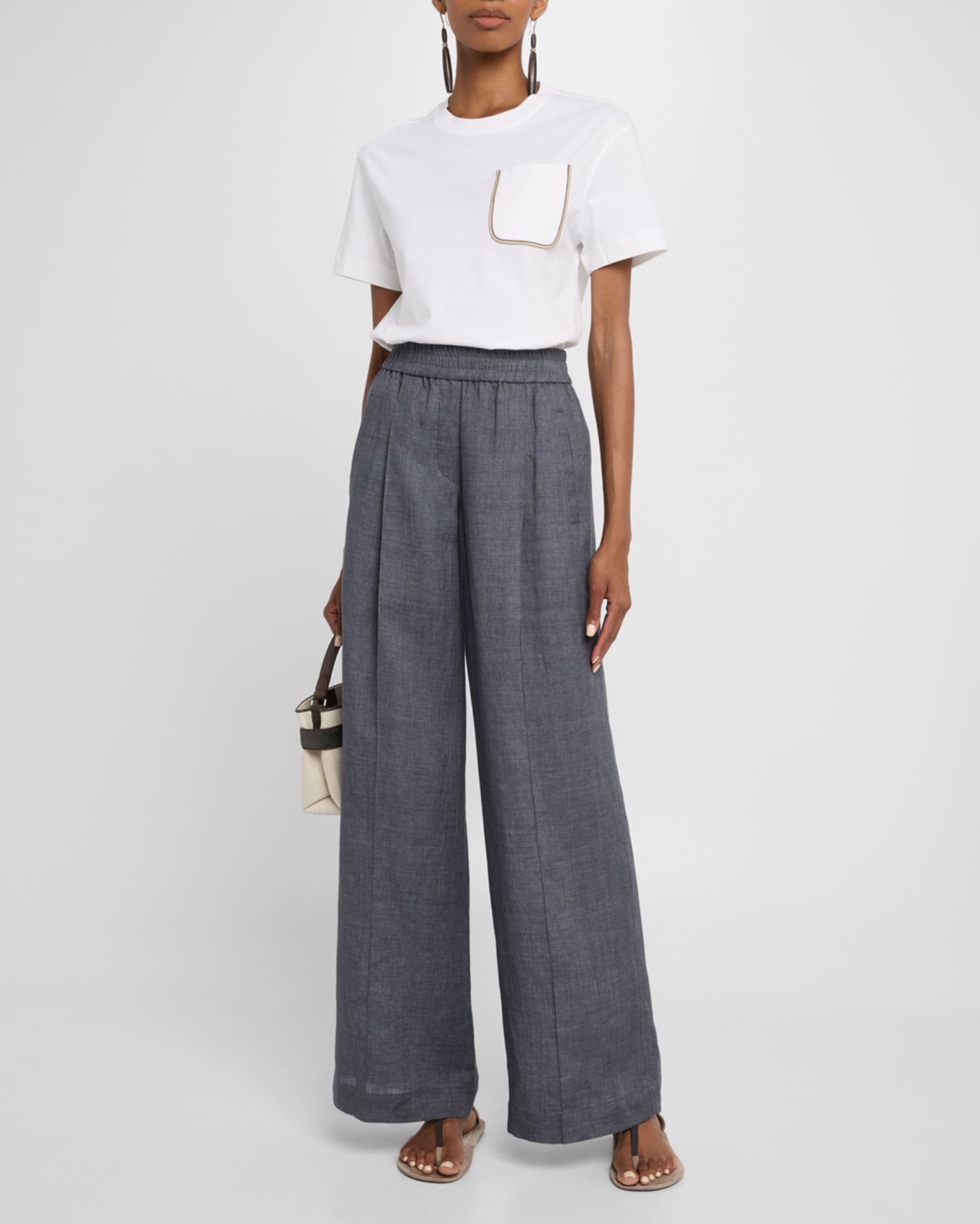 Pleated Wide-Leg Linen Pull-On Trackpants 1