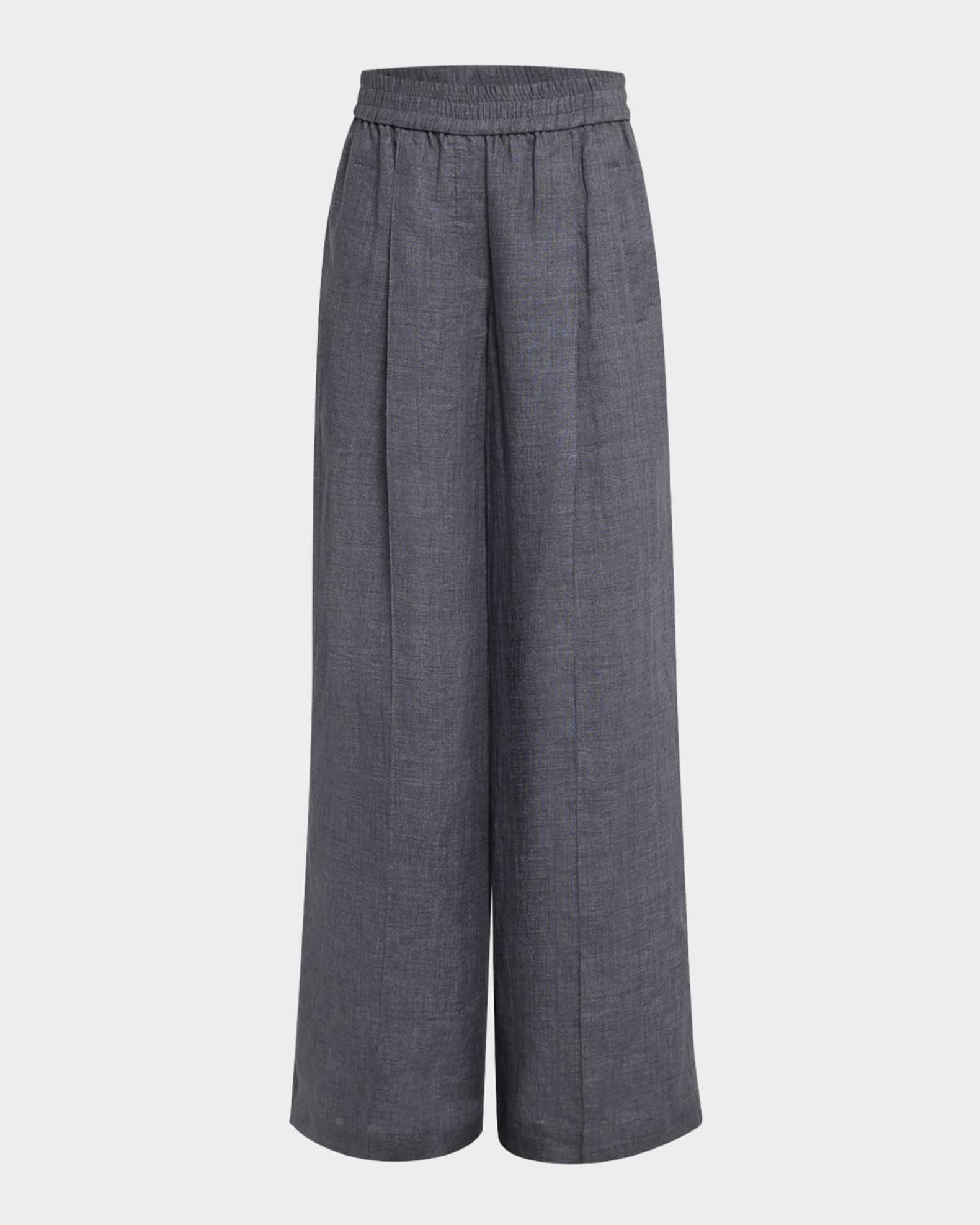 Pleated Wide-Leg Linen Pull-On Trackpants 0