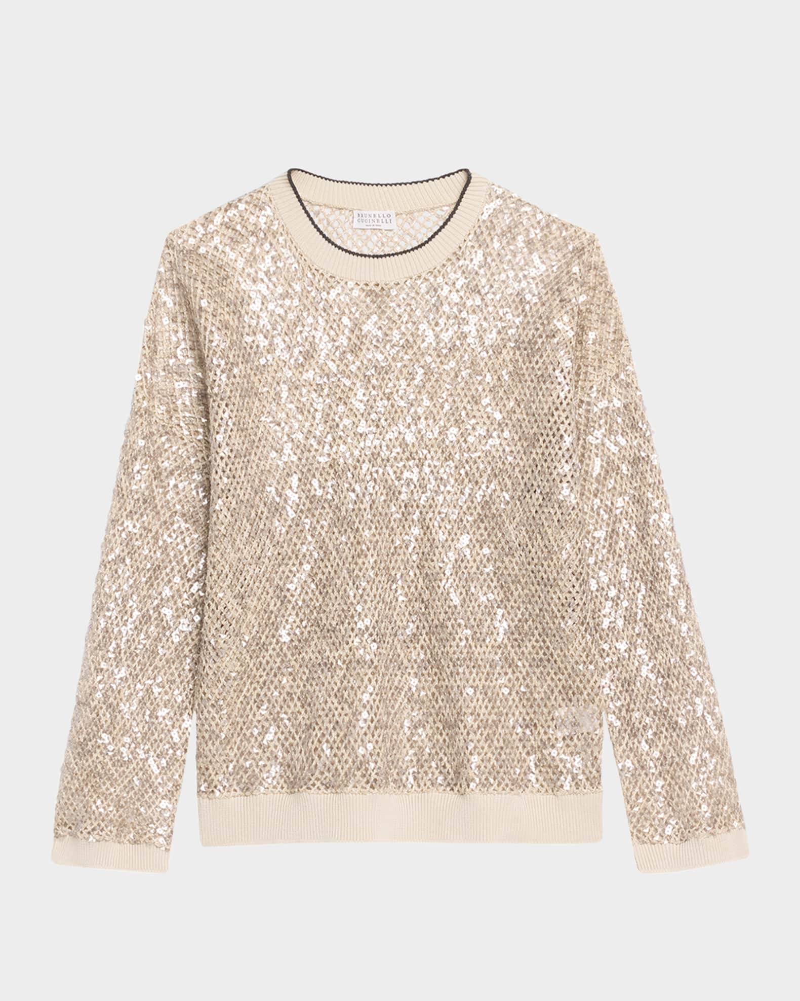 Linen-Silk Paillette Open Knit Crewneck Sweater 0
