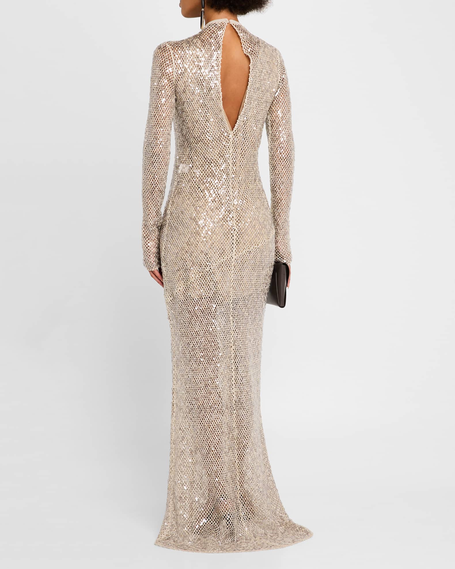 Paillette Net Knit Long-Sleeve Maxi Dress