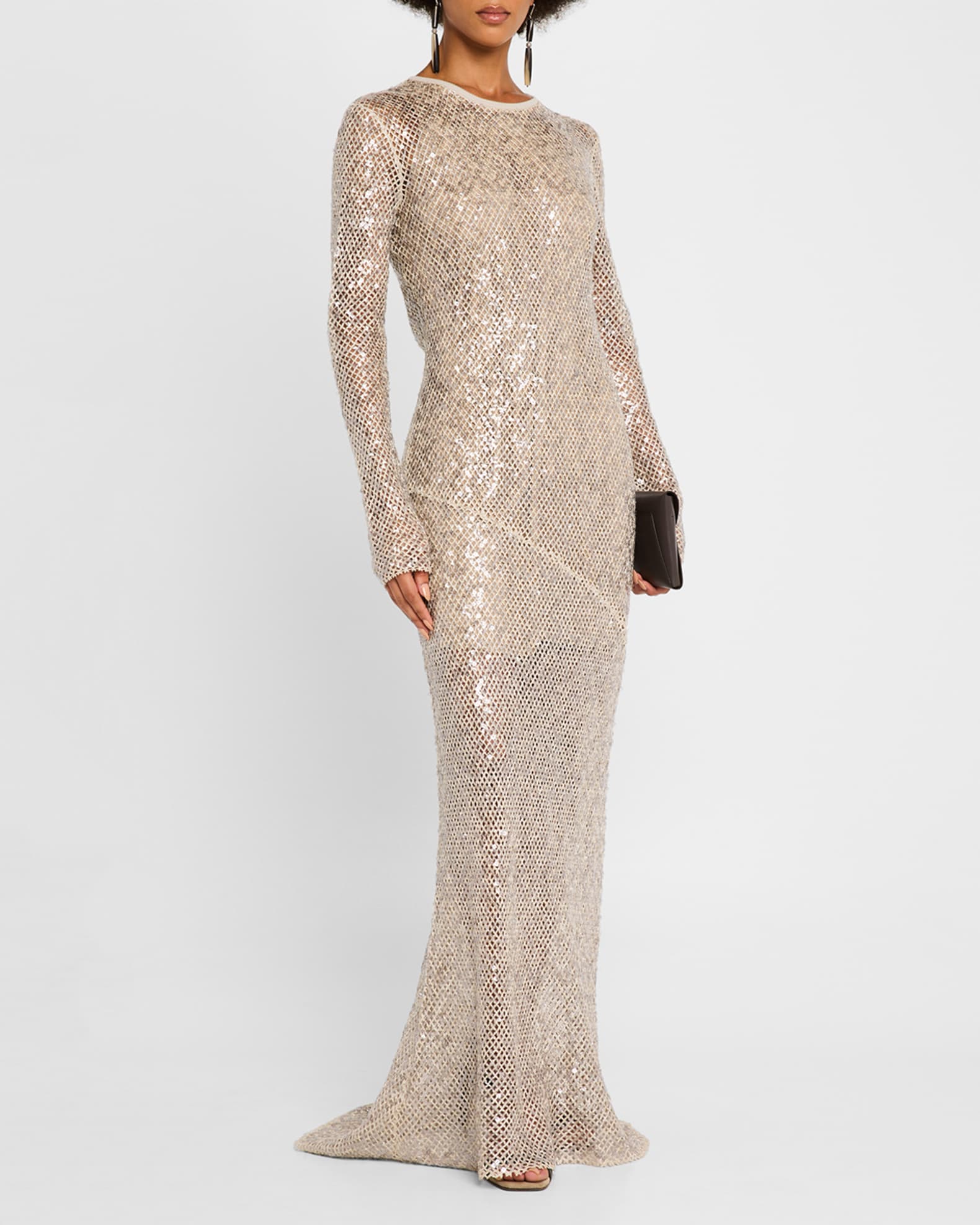 BRUNELLO CUCINELLI★Paillette Cashmere Silk Sweater Dress Brunello Cucinelli Paillette Net Knit Long-Sleeve Maxi Dress