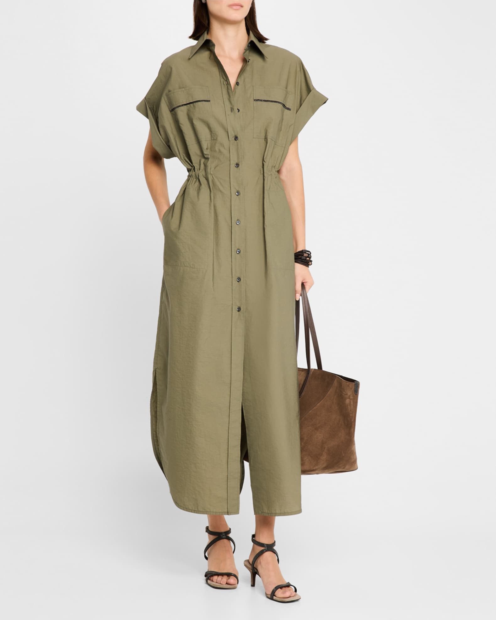 Monili-Trim Short-Sleeve Techno Cotton Poplin Midi Shirtdress 1