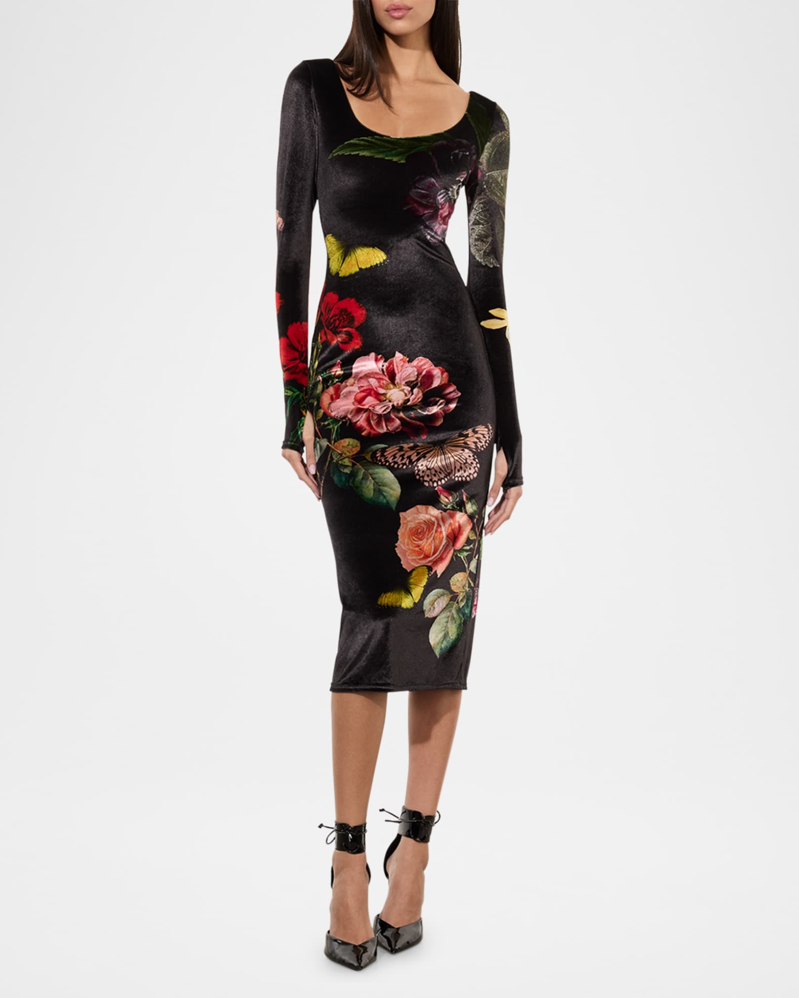 In The Wind Floral Delora Scoop-Neck Velvet Midi Dress 1