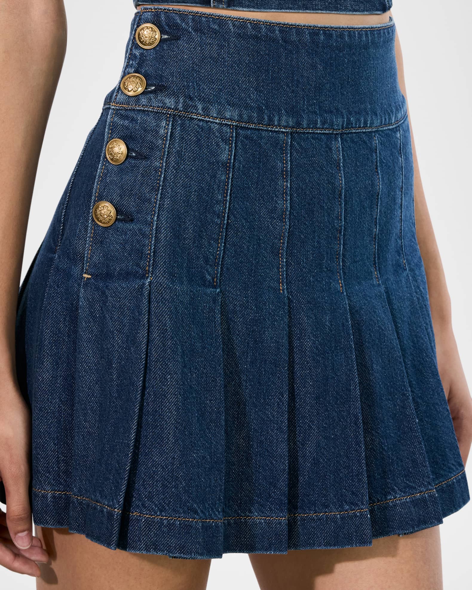 Alice + Olivia Lanna Pleated Denim Mini Skirt | Neiman Marcus