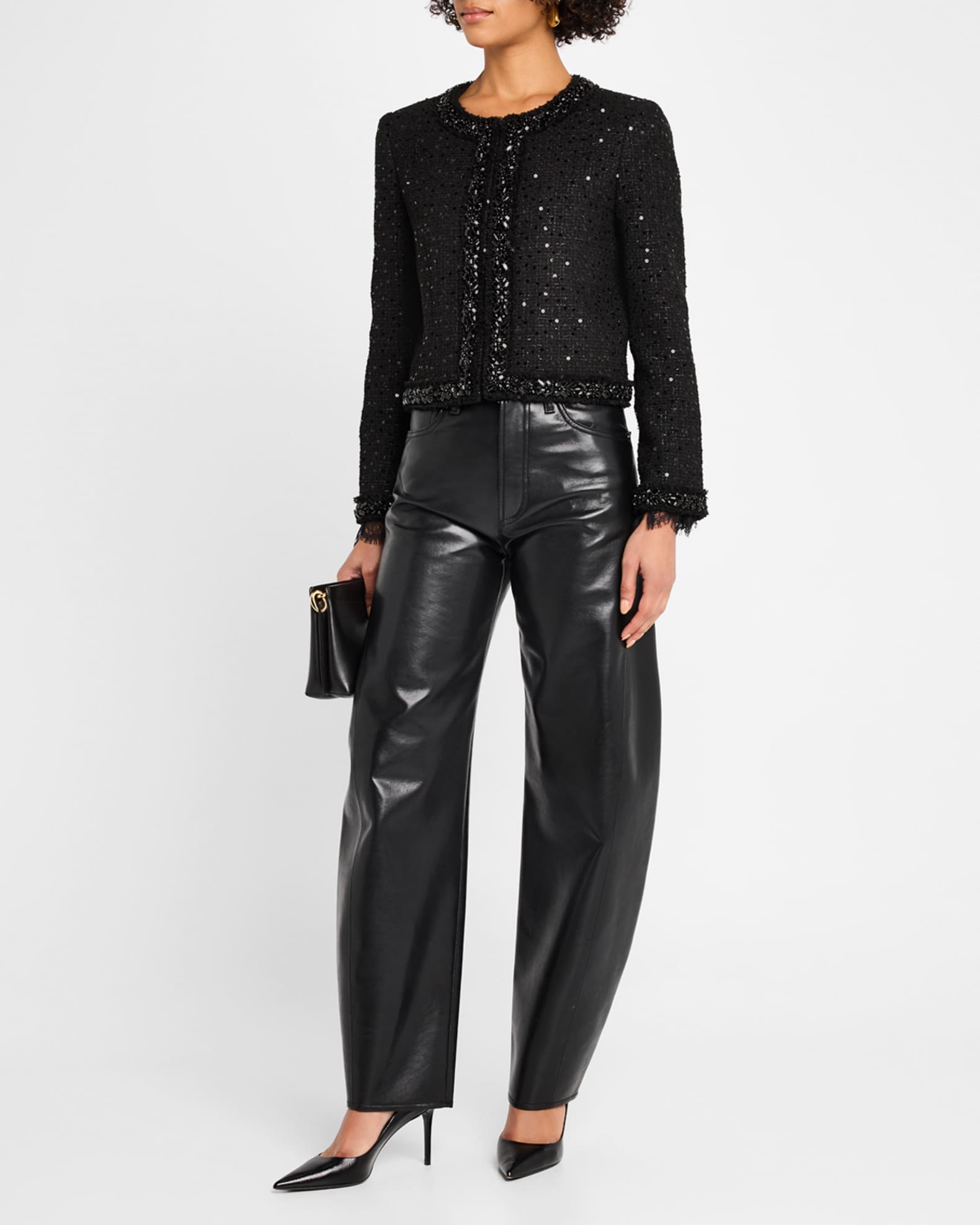 Landon Cropped Sequined Tweed Jacket with Embellished Trim 1