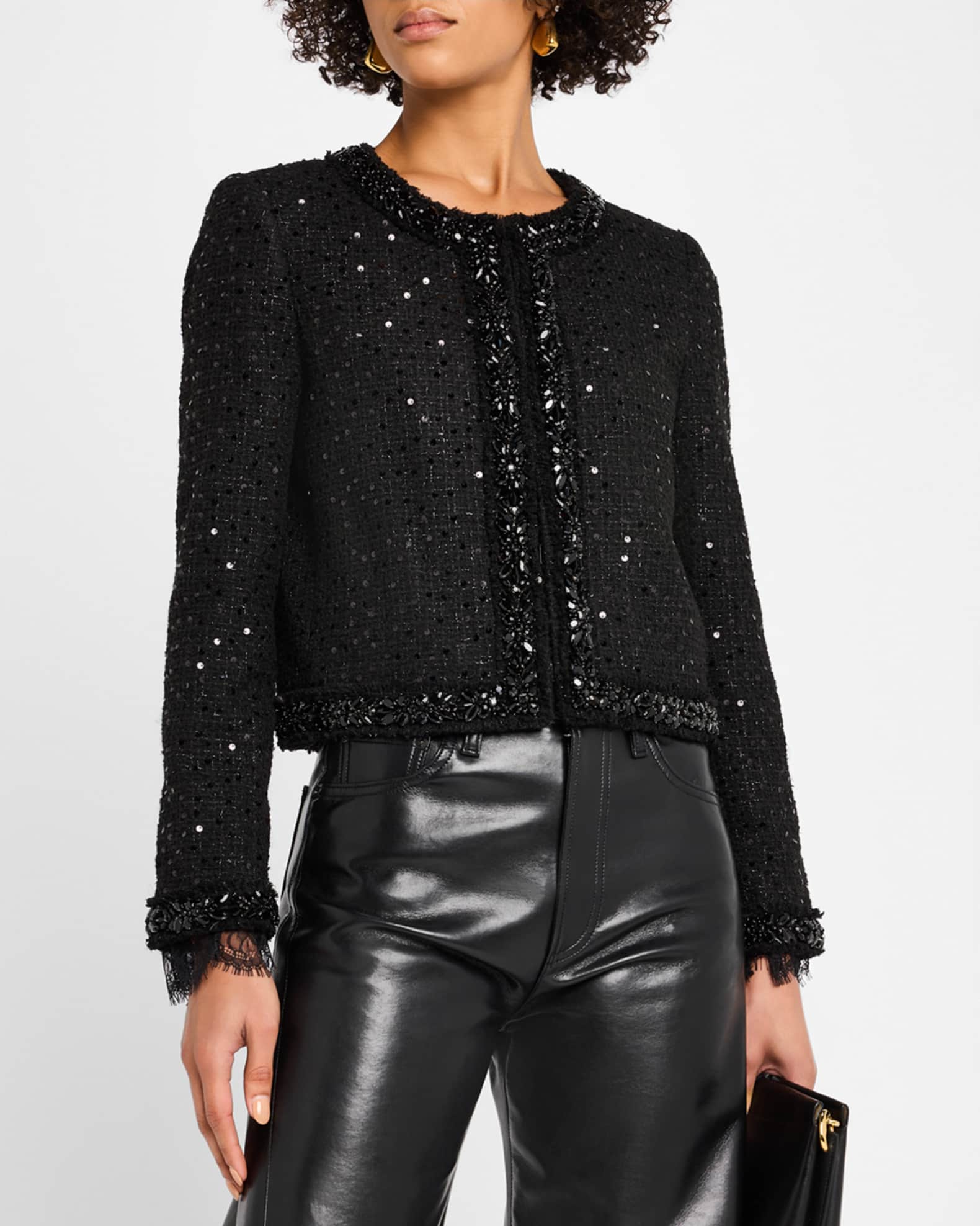 Alice Olivia Landon Cropped Sequined Tweed Jacket with Embellished Trim Neiman Marcus