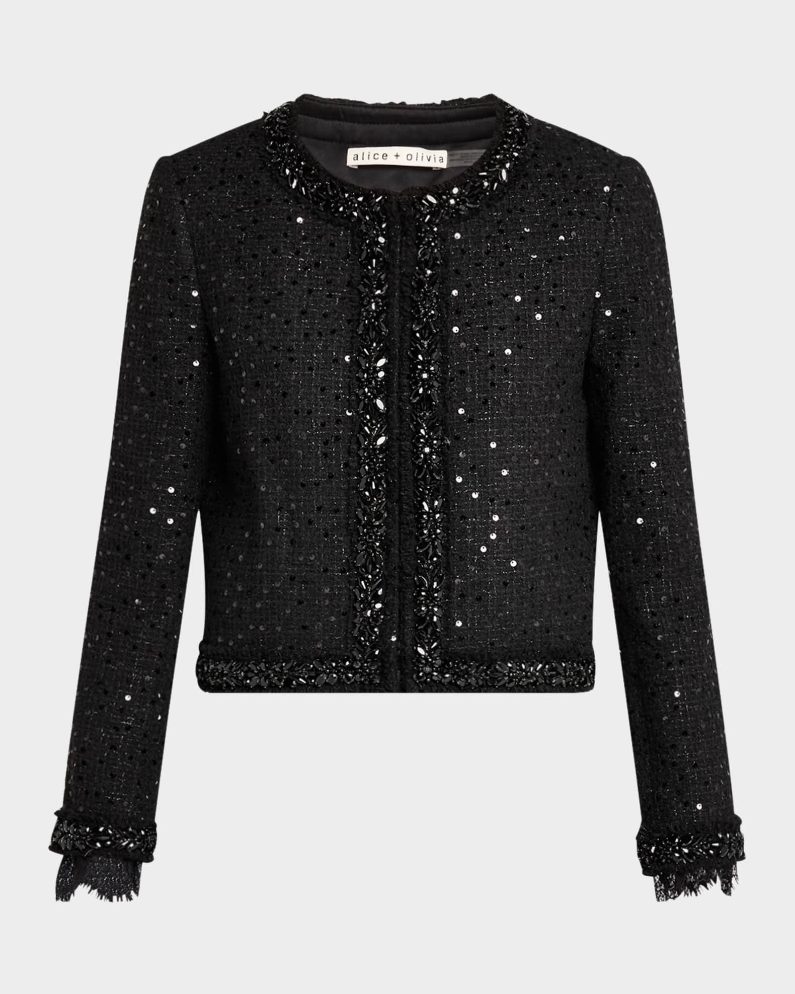 Landon Cropped Sequined Tweed Jacket with Embellished Trim 0