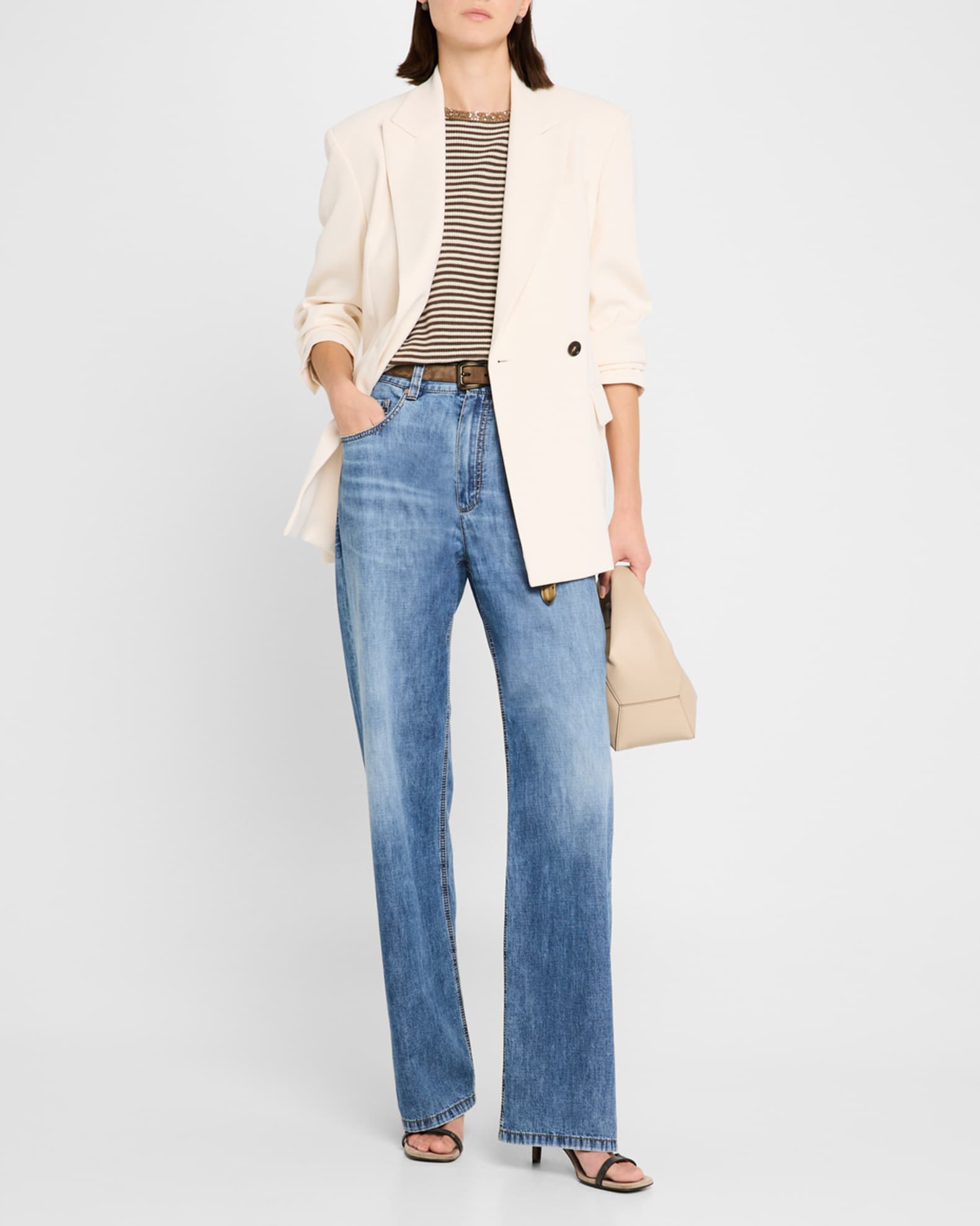 Striped Cotton Short-Sleeve Paillette-Neck Sweater 1