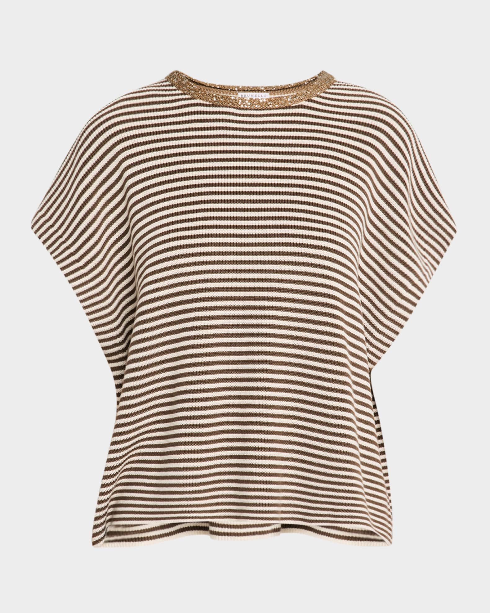 Striped Cotton Short-Sleeve Paillette-Neck Sweater 0