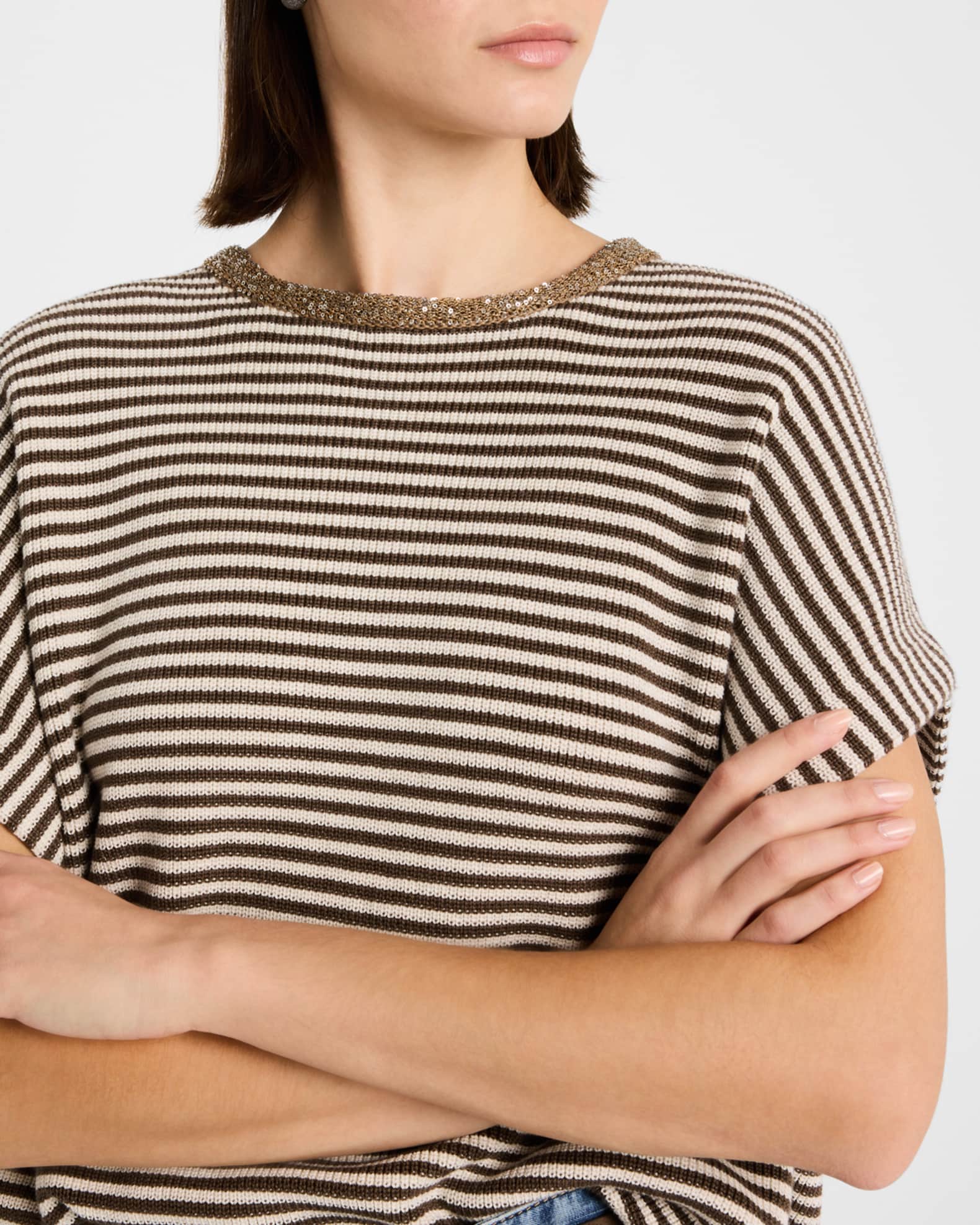 Brunello Cucinelli Striped Cotton Short-Sleeve Paillette