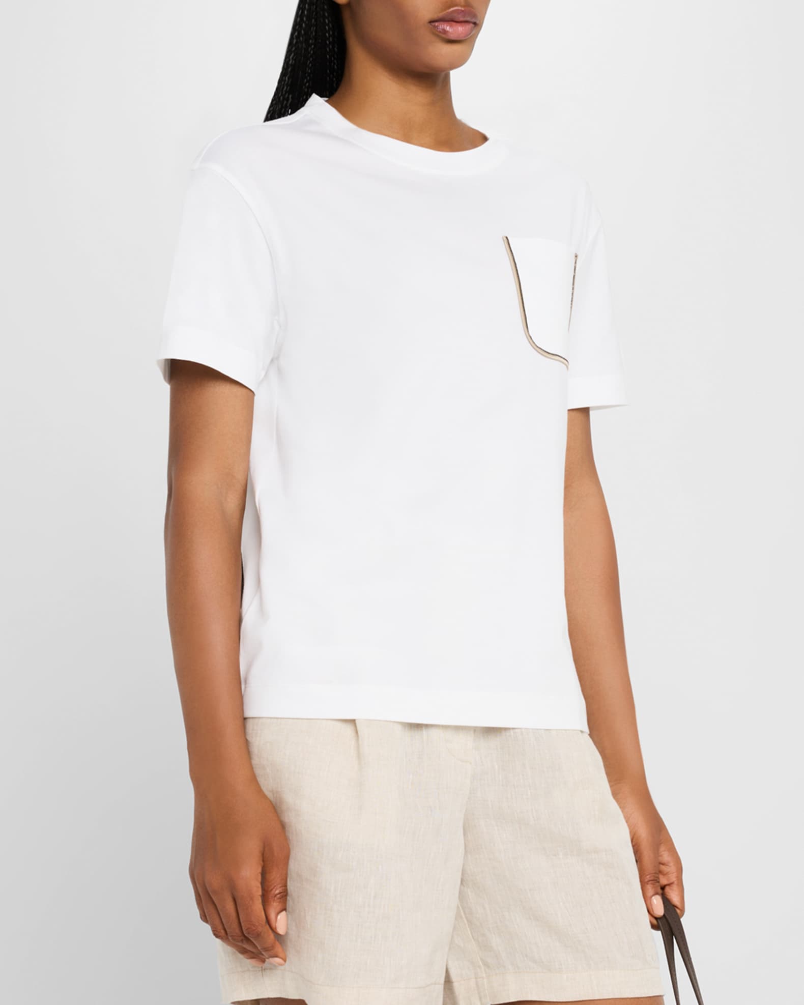 Tシャツ・カットソー Brunello Cucinelli Monili-Detailed Stretch Cotton T-Shirt Brunello Cucinelli Monili Satin Pocket Cotton Jersey T-Shirt