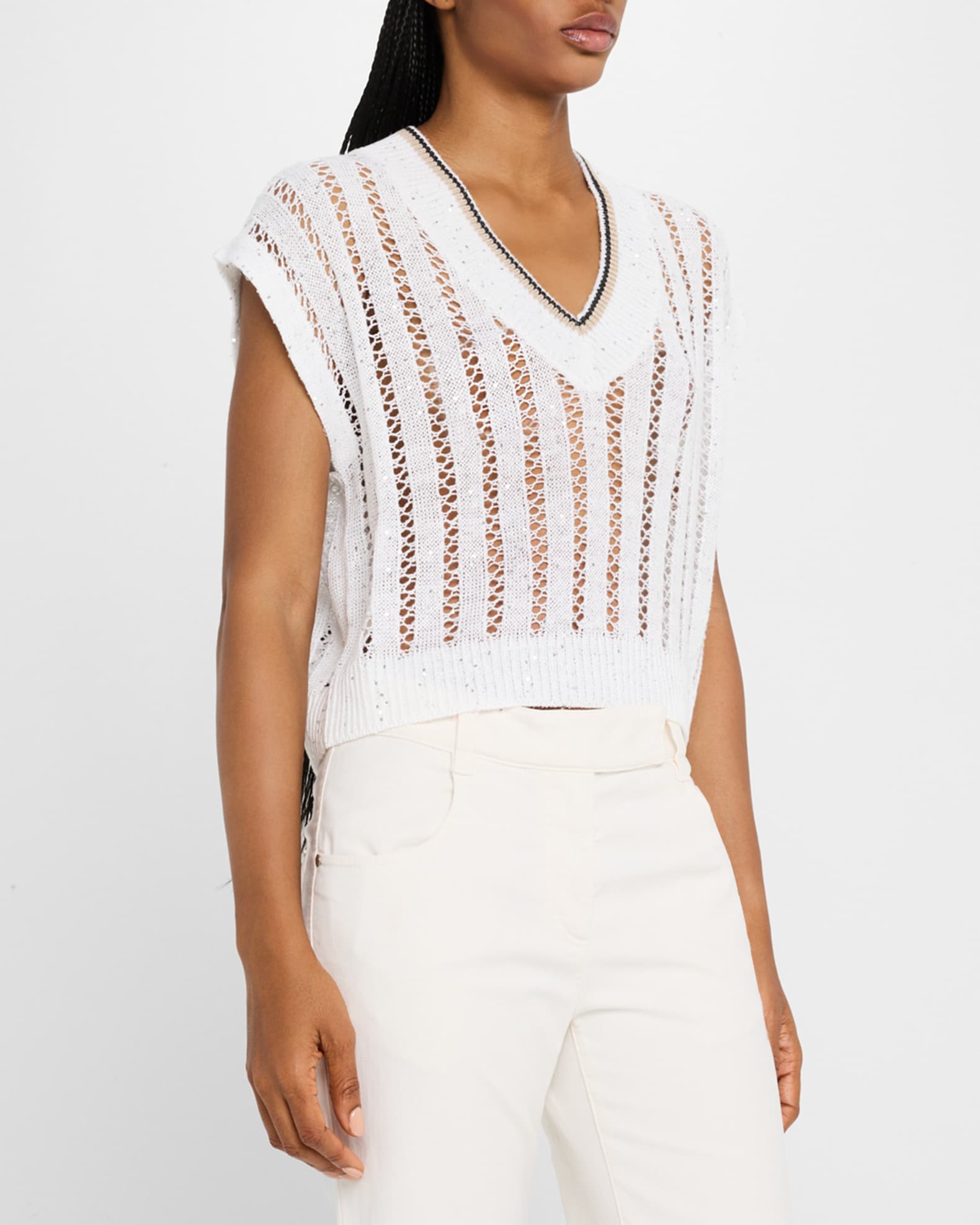 Brunello Cucinelli V-Neck Tipped Linen Paillette Lattice Knit