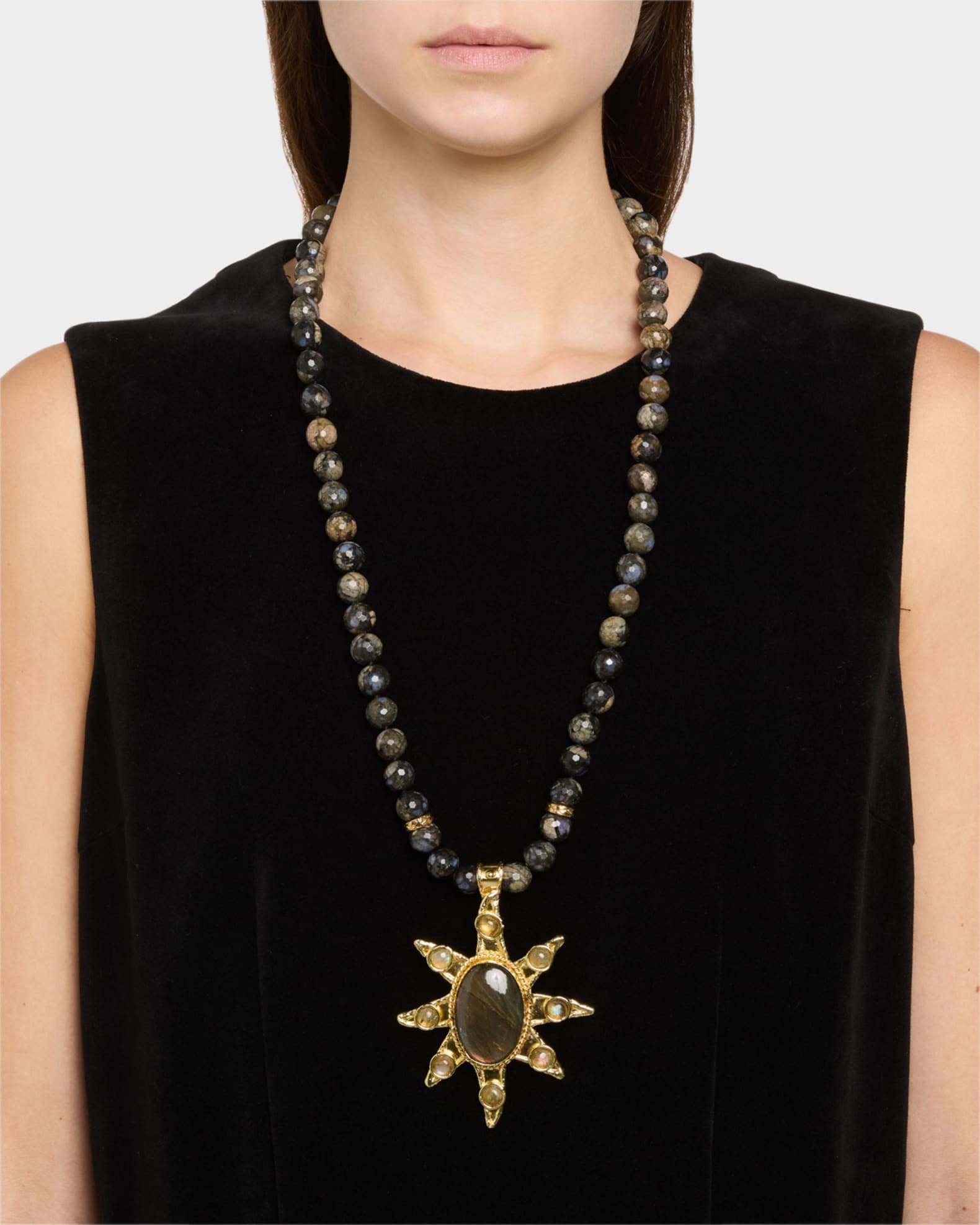 Gray Agate Beaded Necklace with a Labradorite Pendant  1