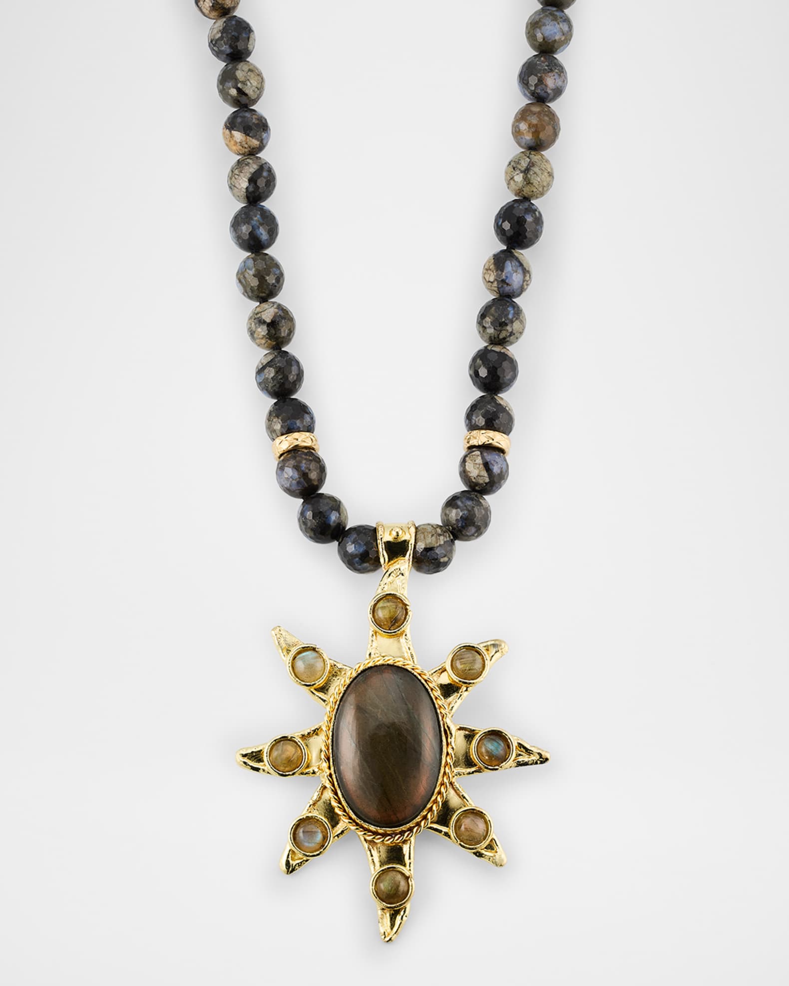 Gray Agate Beaded Necklace with a Labradorite Pendant  0