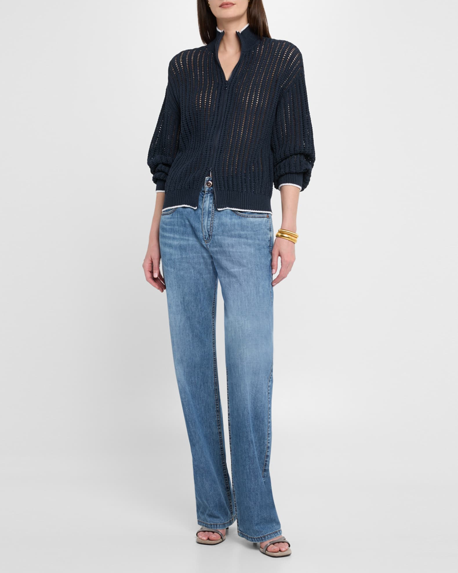Brunello Cucinelli Cotton Open-Knit Zip Cardigan | Neiman Marcus